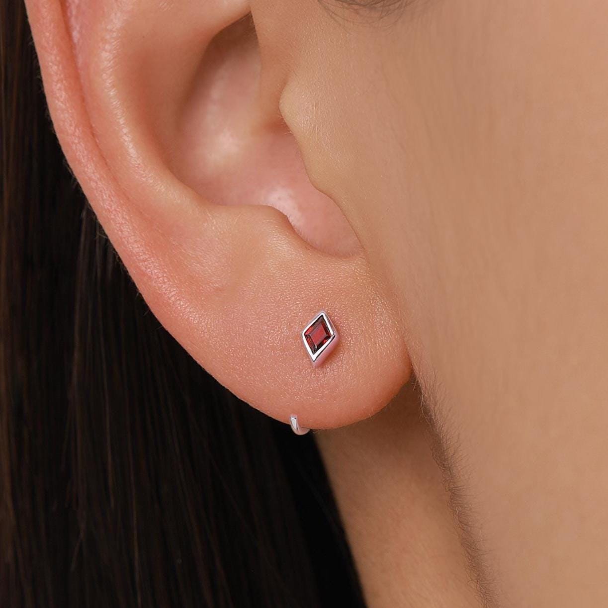 Sterling Silver Garnet Red Rhombus CZ Open Hoop Earrings