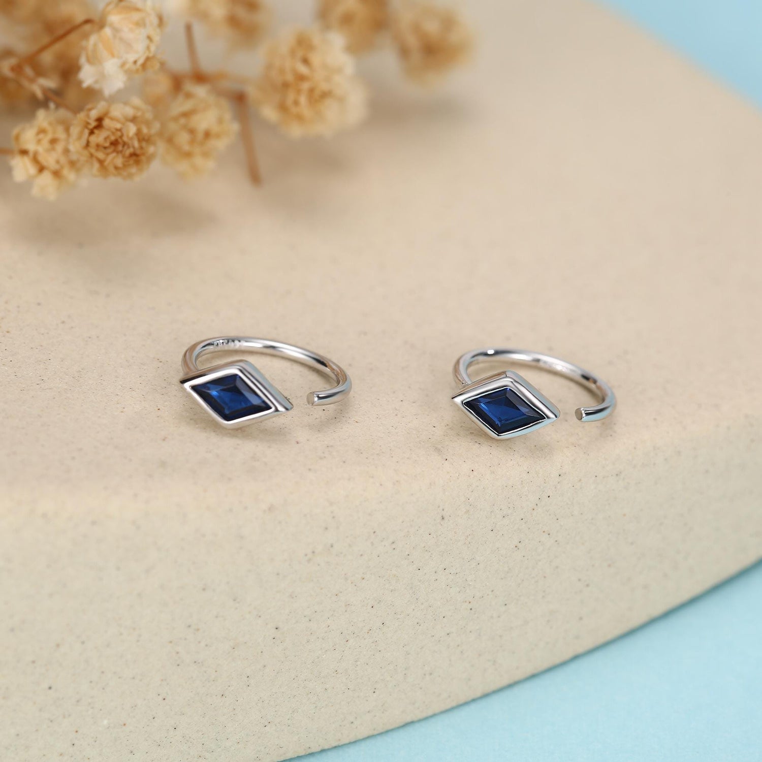 Sterling Silver Sapphire Blue Rhombus CZ Open Hoop Earrings