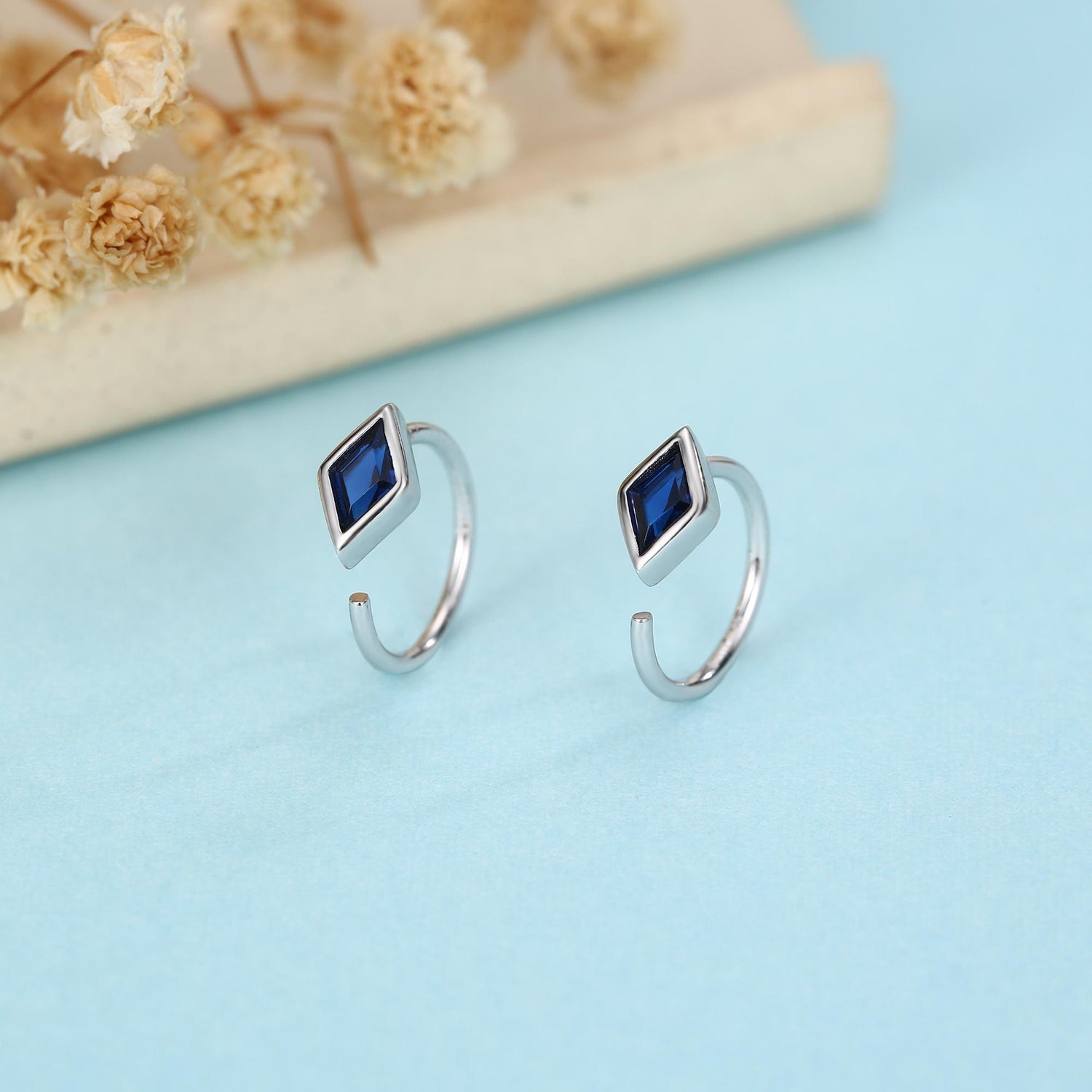 Sterling Silver Sapphire Blue Rhombus CZ Open Hoop Earrings