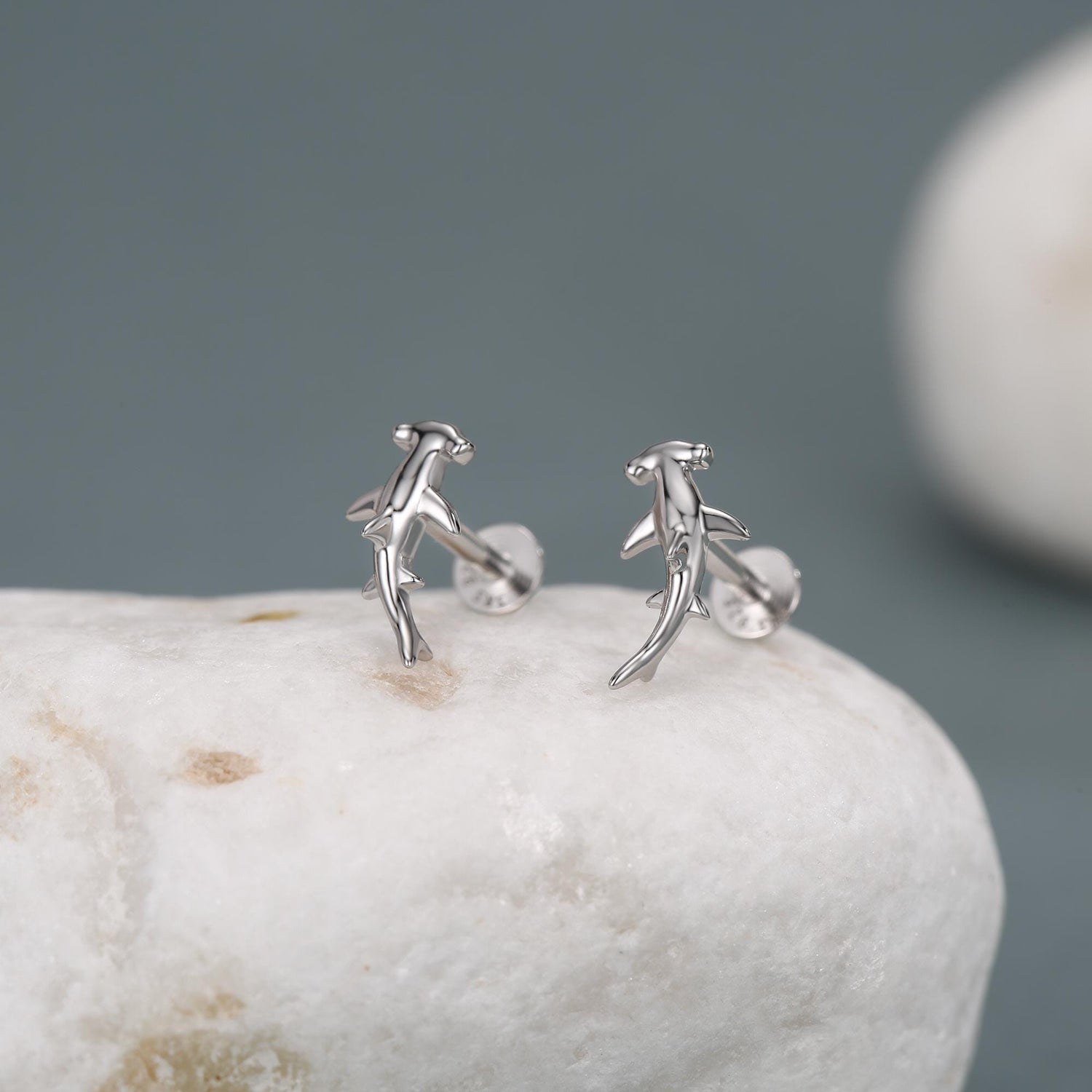 Sterling Silver Hammerhead Shark 16G Flat Back Earrings
