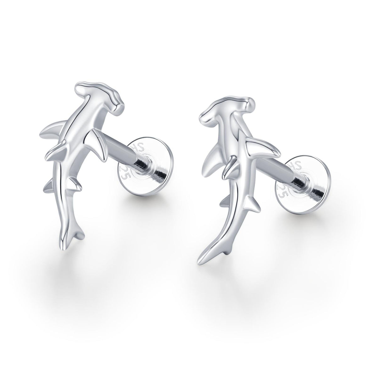 Sterling Silver Hammerhead Shark 16G Flat Back Earrings