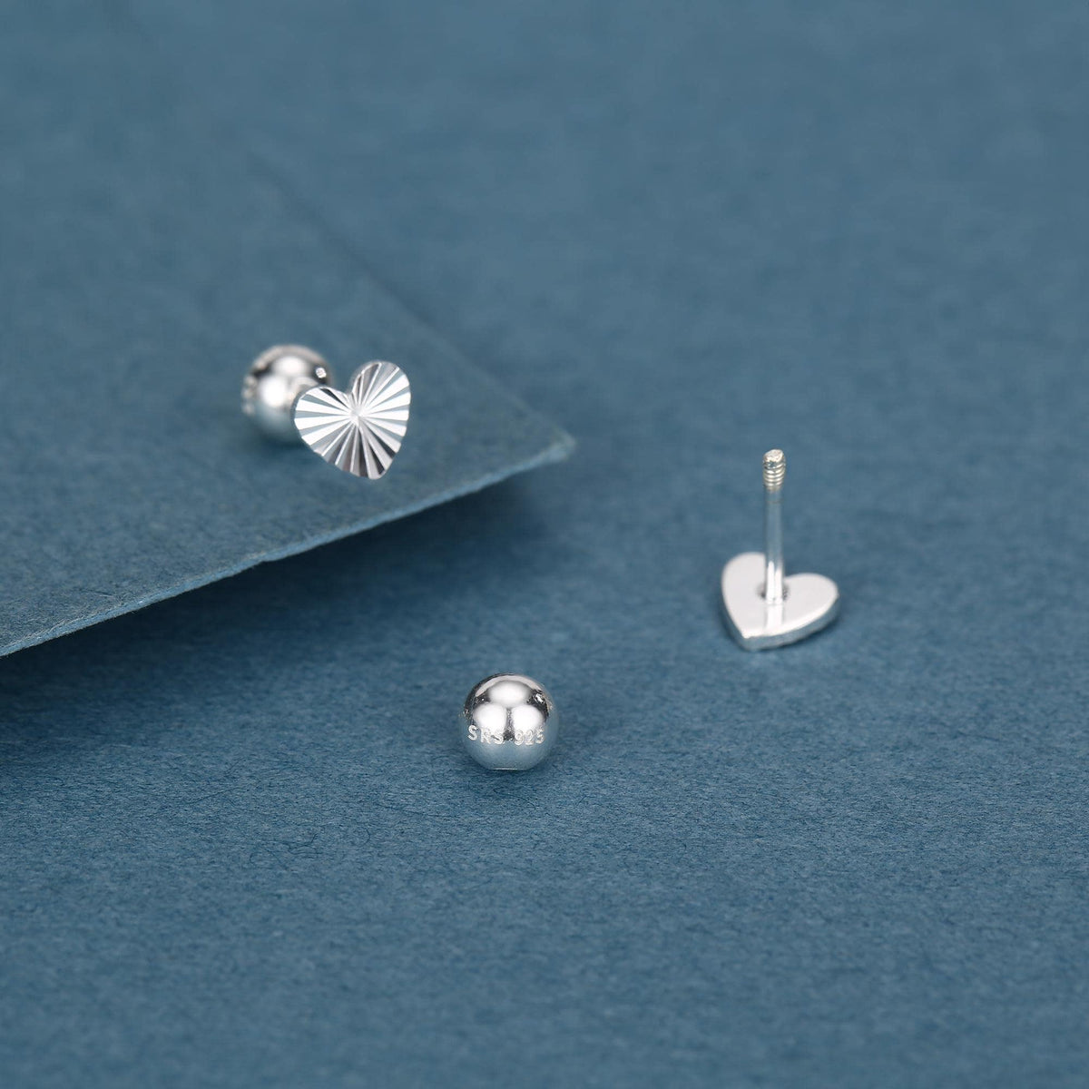 Sterling Silver Sunburst Heart 18G Screw Back Earrings