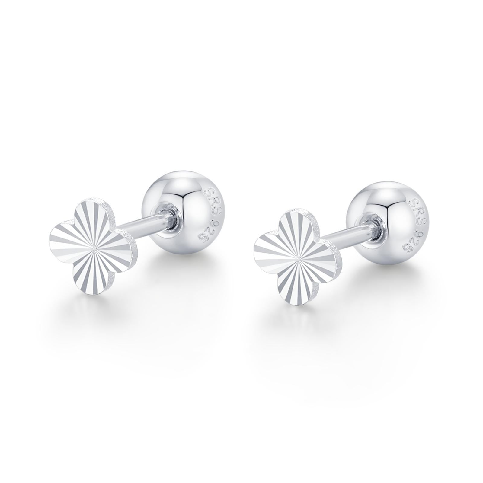 Sterling Silver Sunburst Quatrefoil Clover Flower 18G Screw Back Earrings