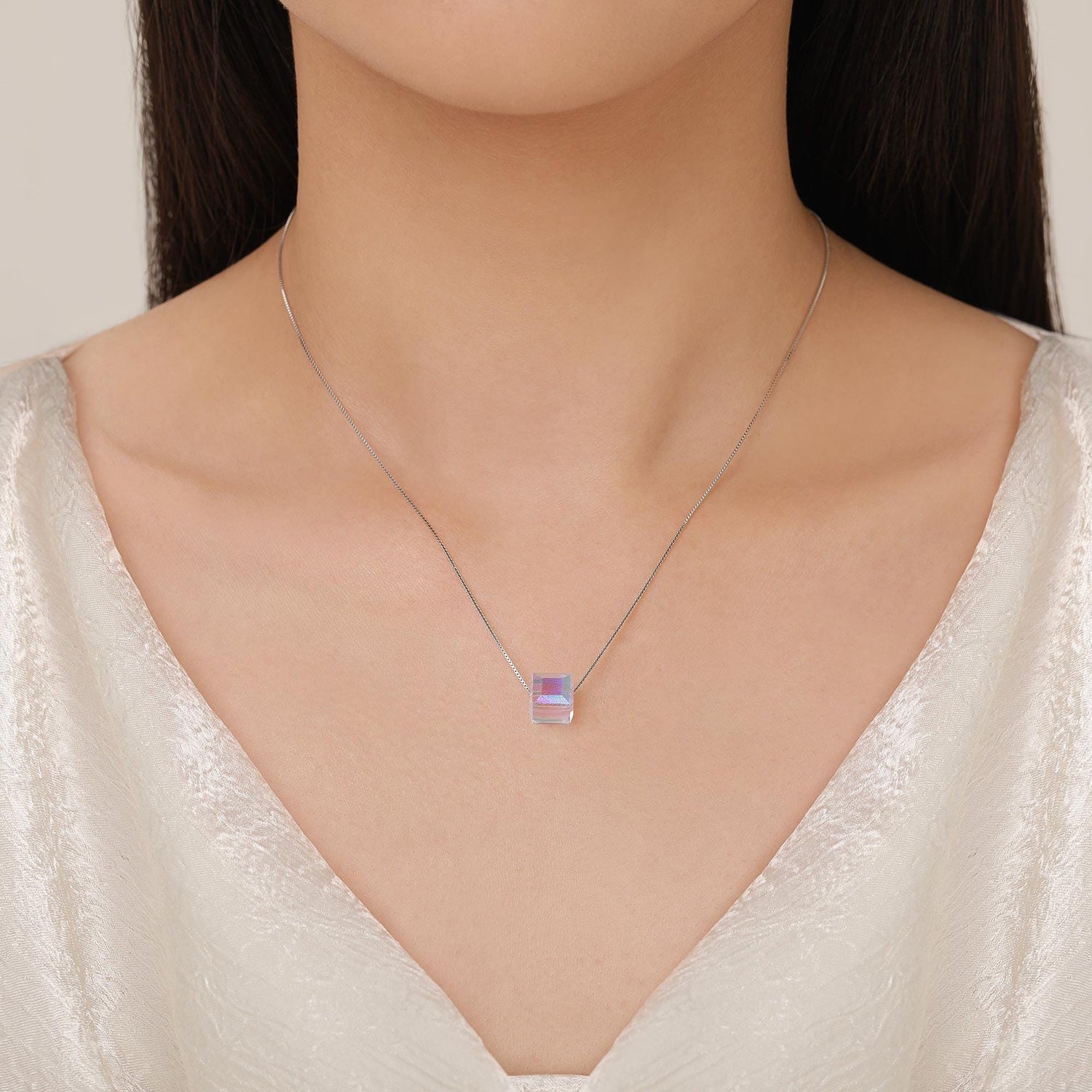 Sterling Silver Aurora Crystal Cube Pendant Necklace with Curb Chain