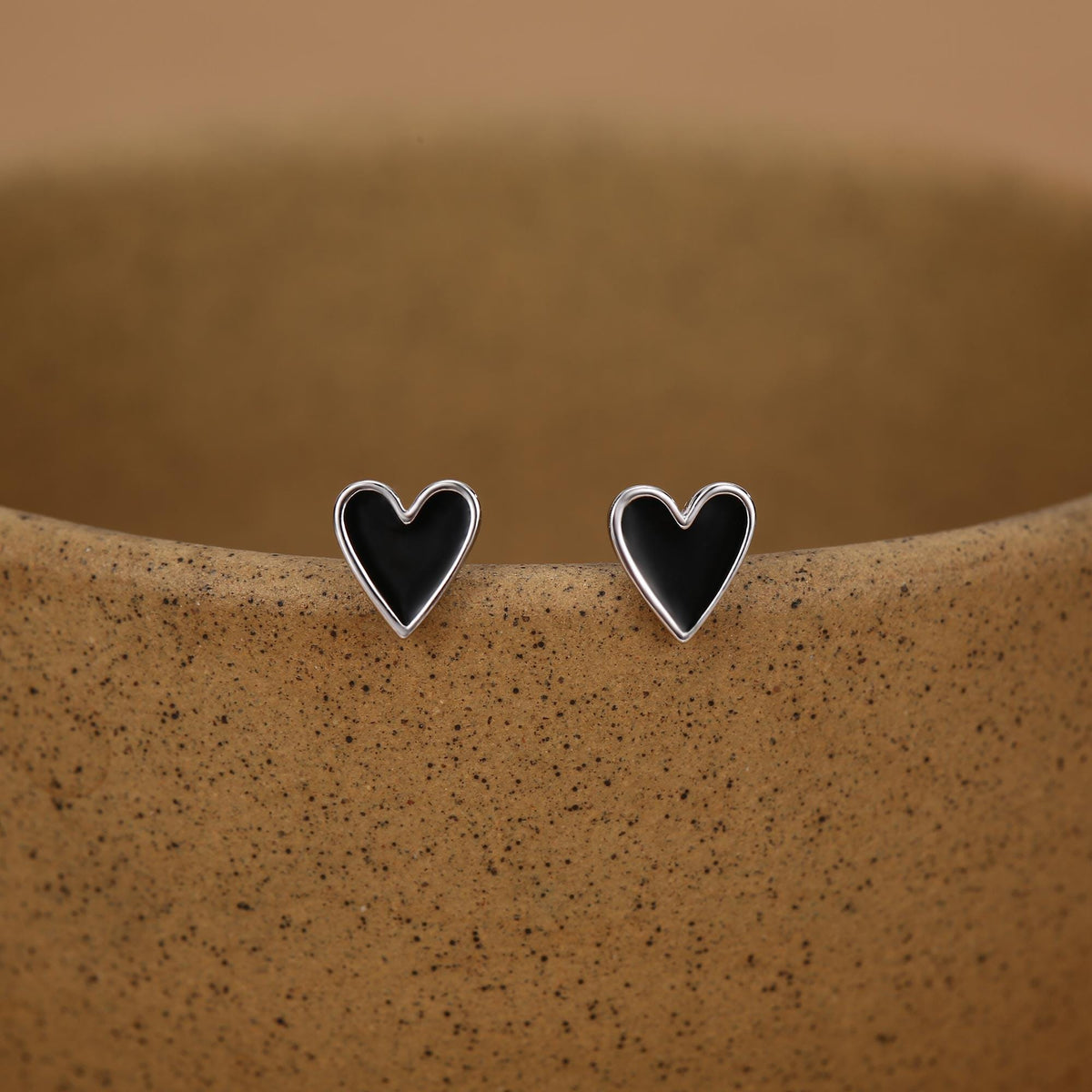 Sterling Silver Enamel Black Heart Stud Earrings