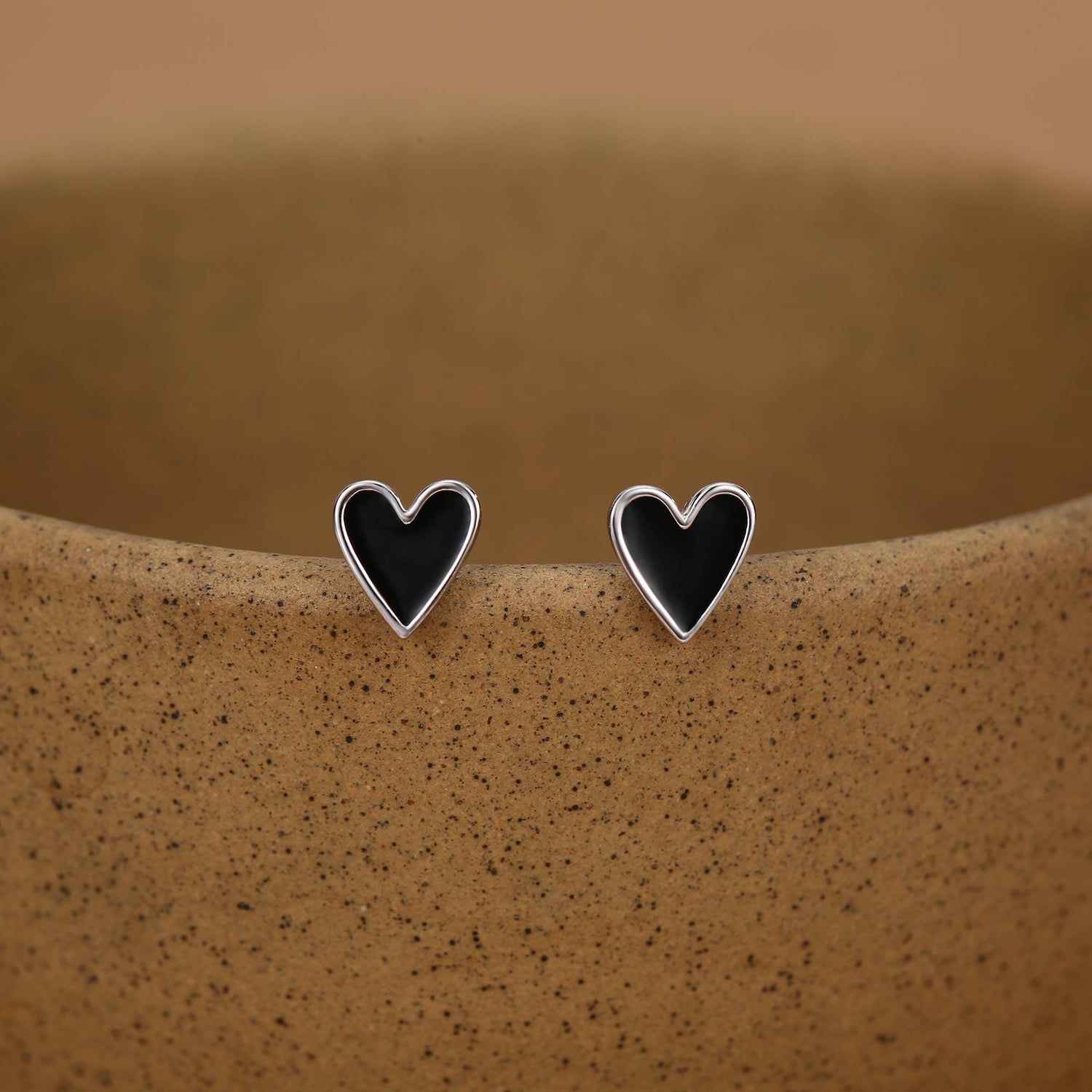 Sterling Silver Enamel Black Heart Stud Earrings