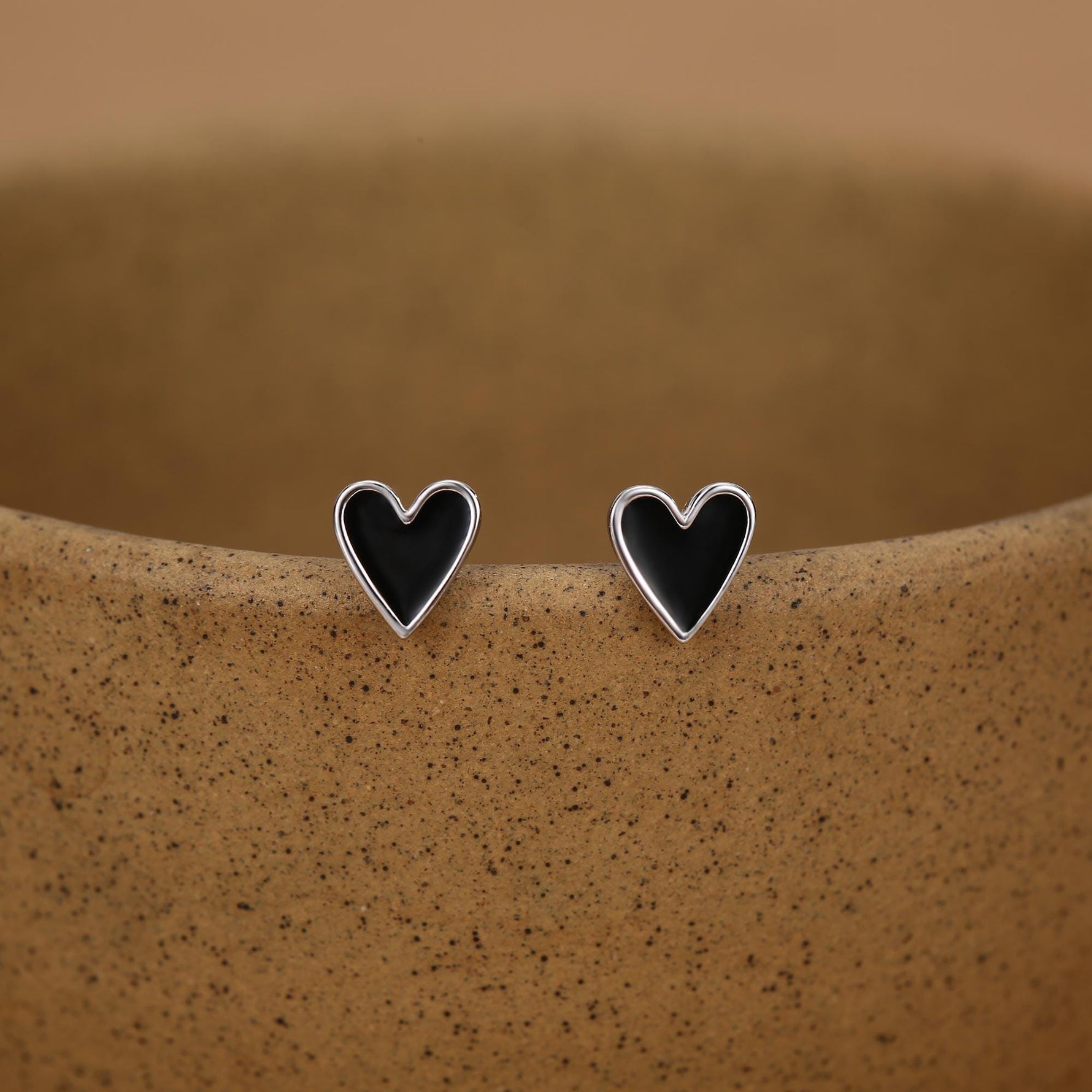 Sterling Silver Enamel Black Heart Stud Earrings