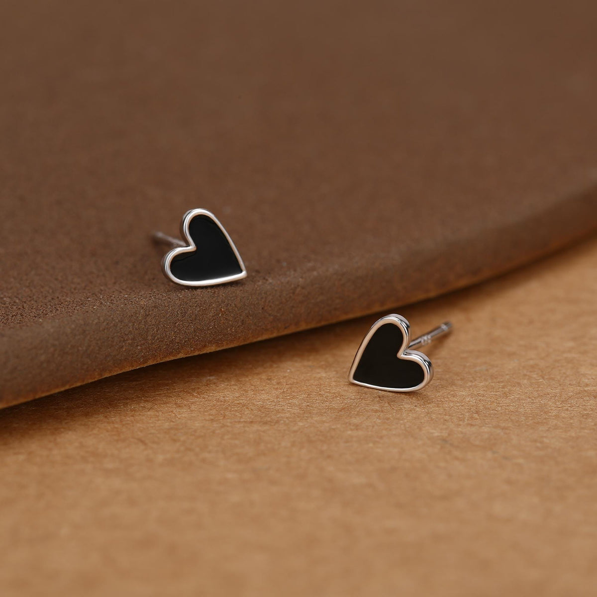 Sterling Silver Enamel Black Heart Stud Earrings