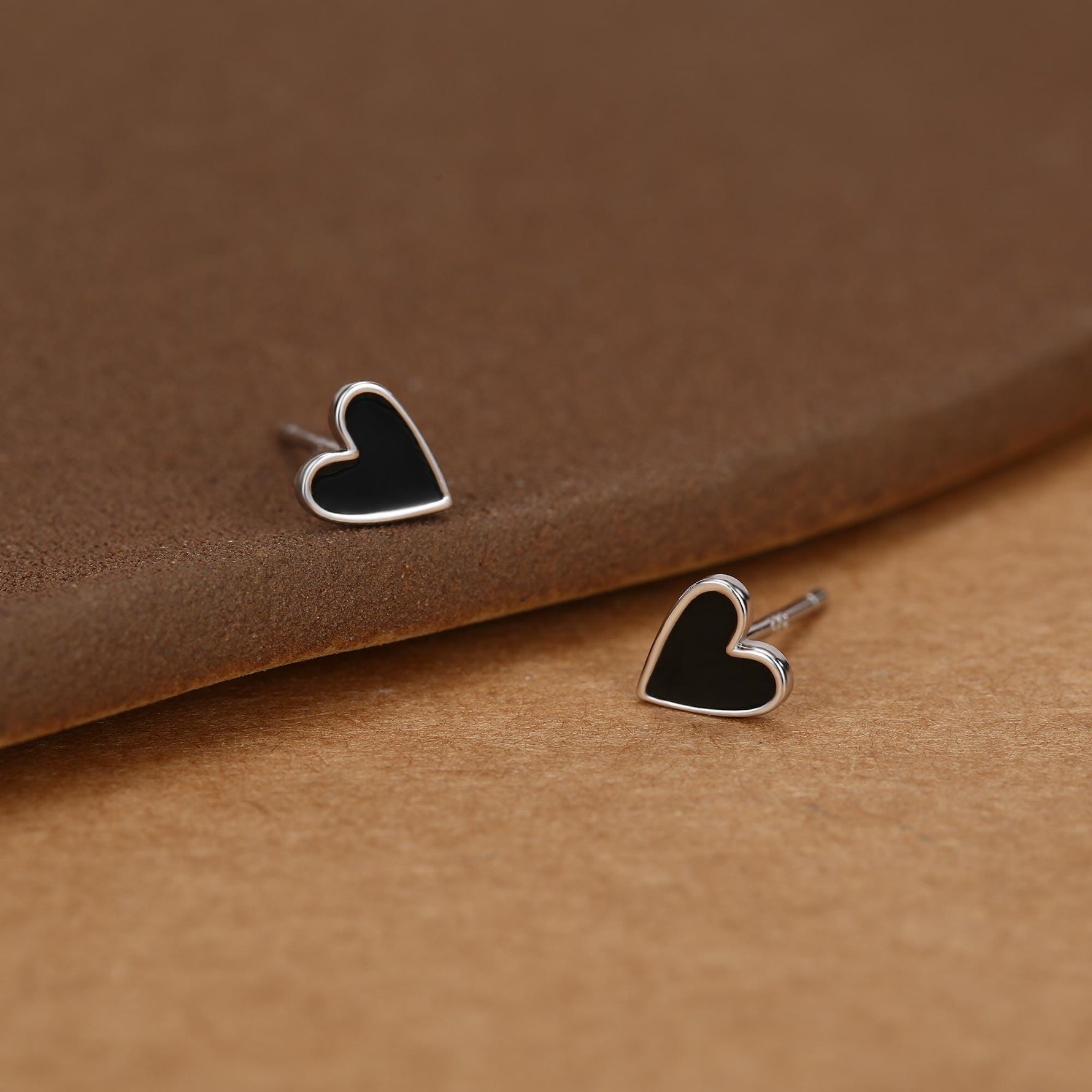Sterling Silver Enamel Black Heart Stud Earrings