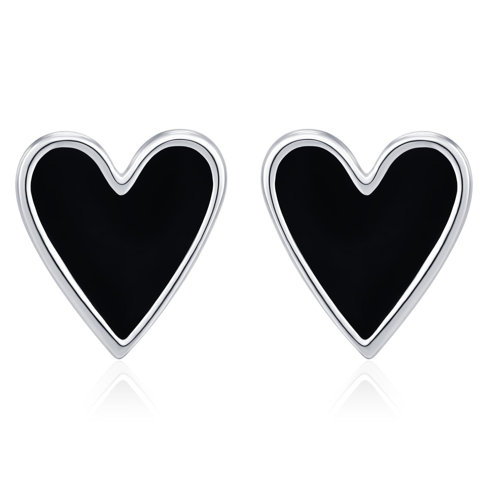 Sterling Silver Enamel Black Heart Stud Earrings