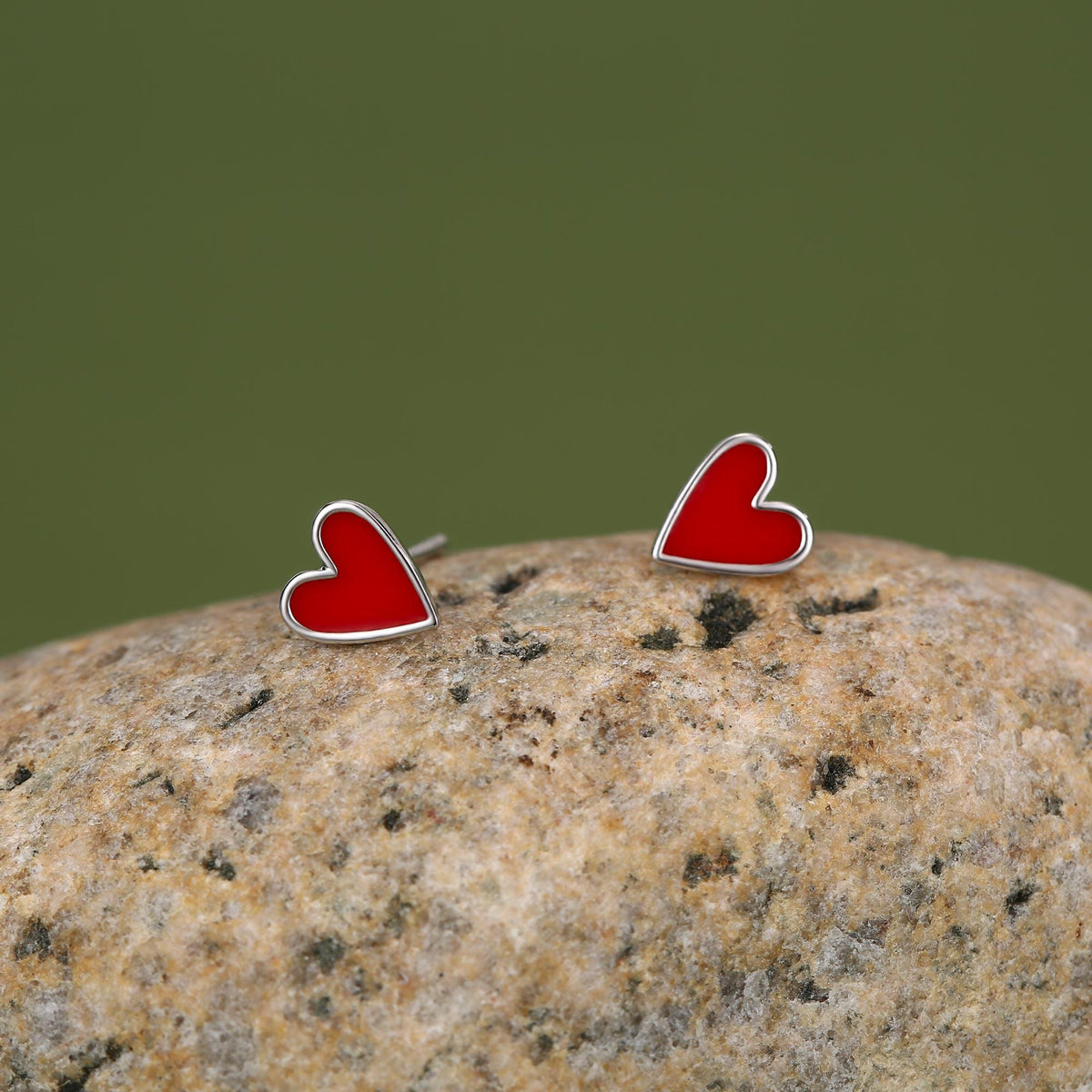 Sterling Silver Red Enamel Heart Stud Earrings