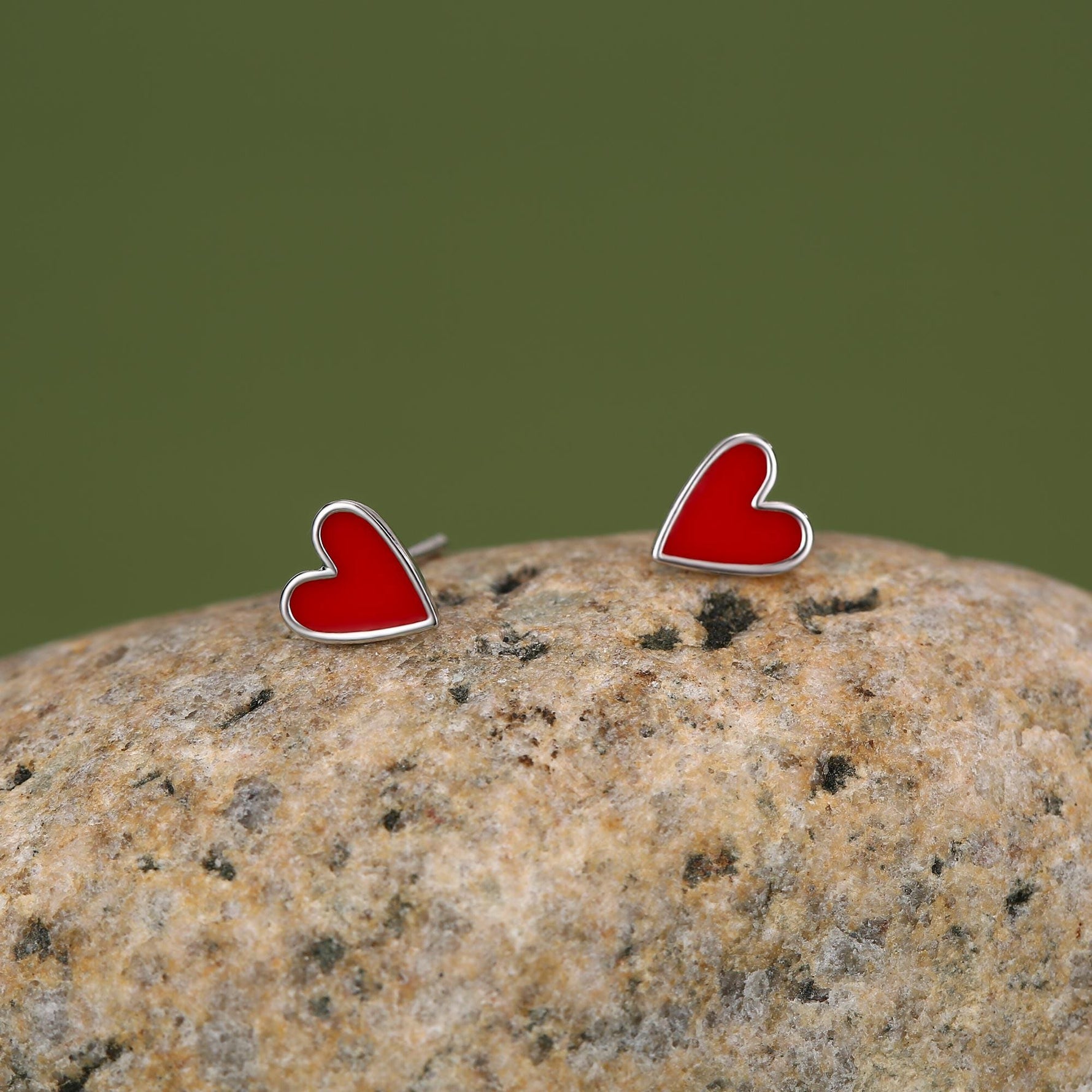 Sterling Silver Red Enamel Heart Stud Earrings