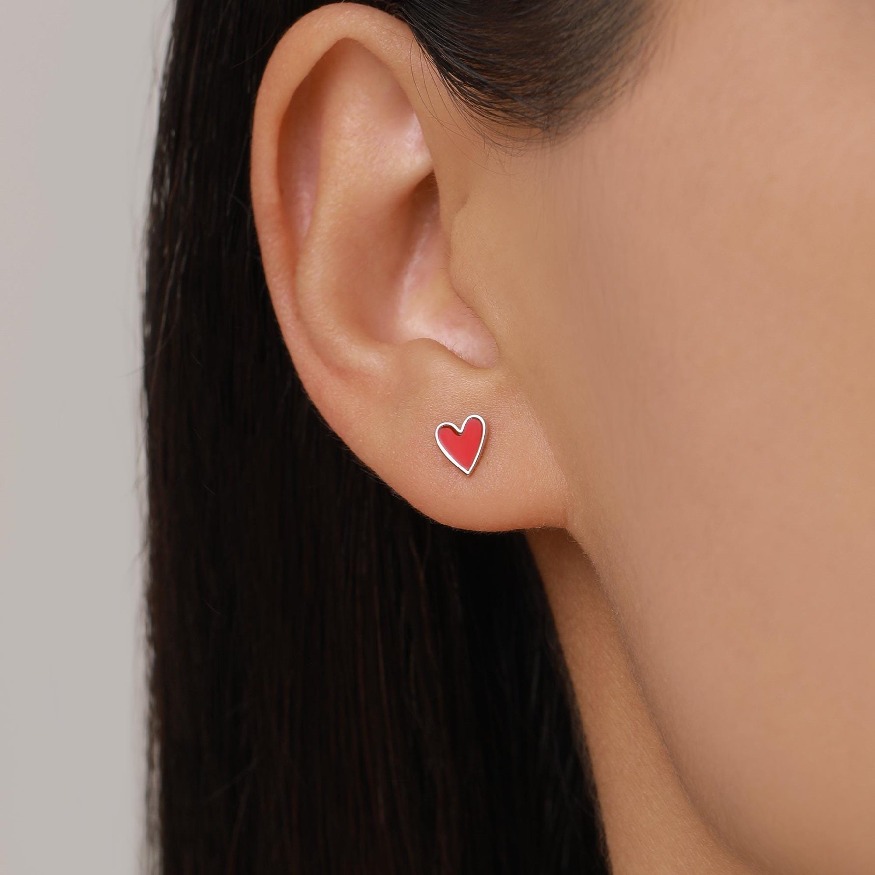 Sterling Silver Red Enamel Heart Stud Earrings
