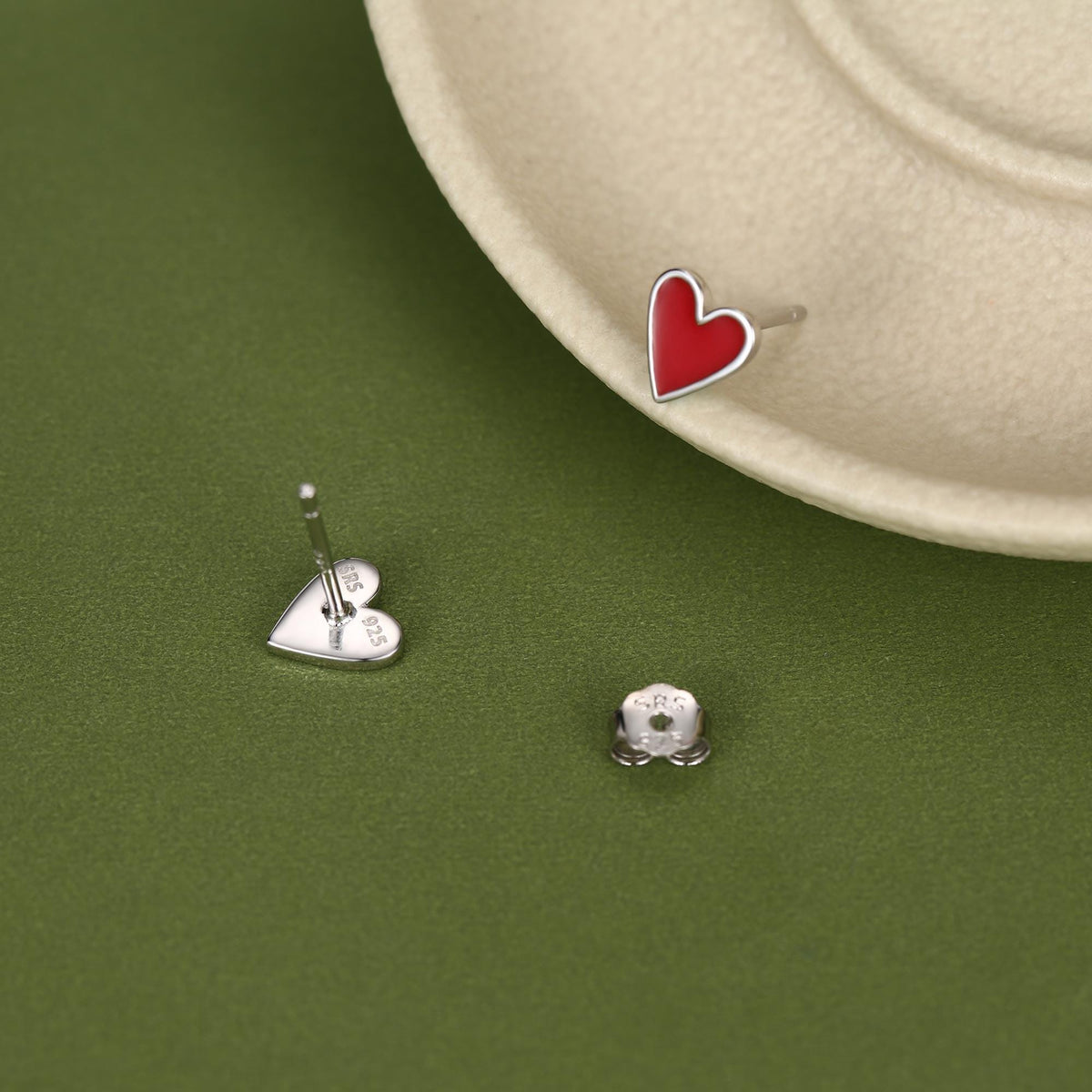 Sterling Silver Red Enamel Heart Stud Earrings