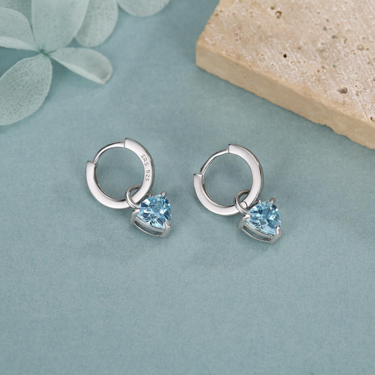 Sterling Silver Aquamarine Blue Trillion Cut CZ Hoop Earrings, Silver, Gold, Triangle Dangle Hoop Earrings, Interchangeable Charm