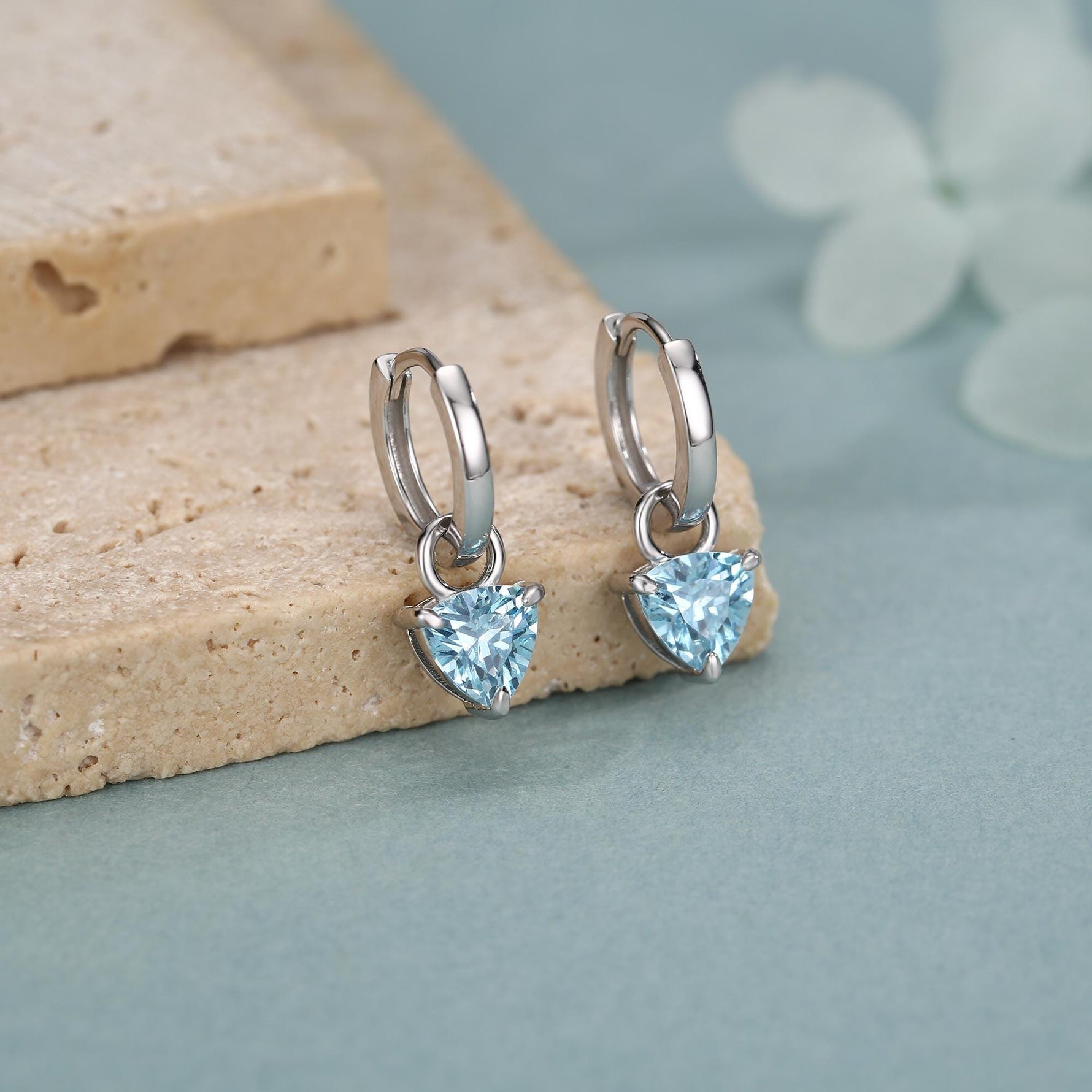 Sterling Silver Aquamarine Blue Trillion Cut CZ Hoop Earrings, Silver, Gold, Triangle Dangle Hoop Earrings, Interchangeable Charm