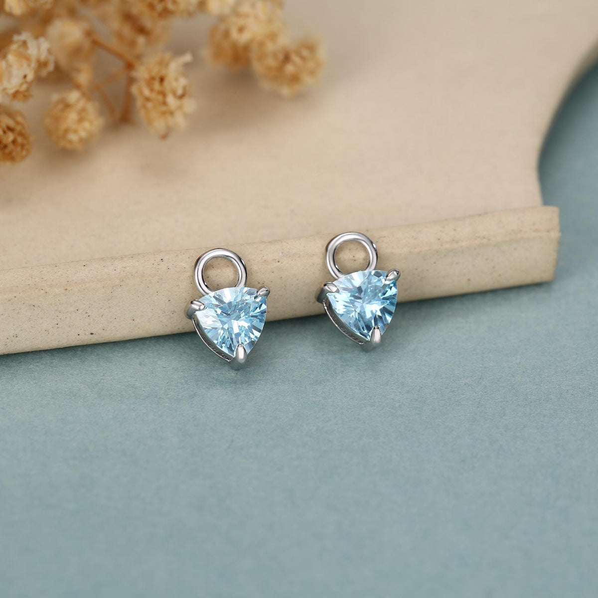 Sterling Silver Aquamarine Blue Trillion Cut CZ Earring Charms