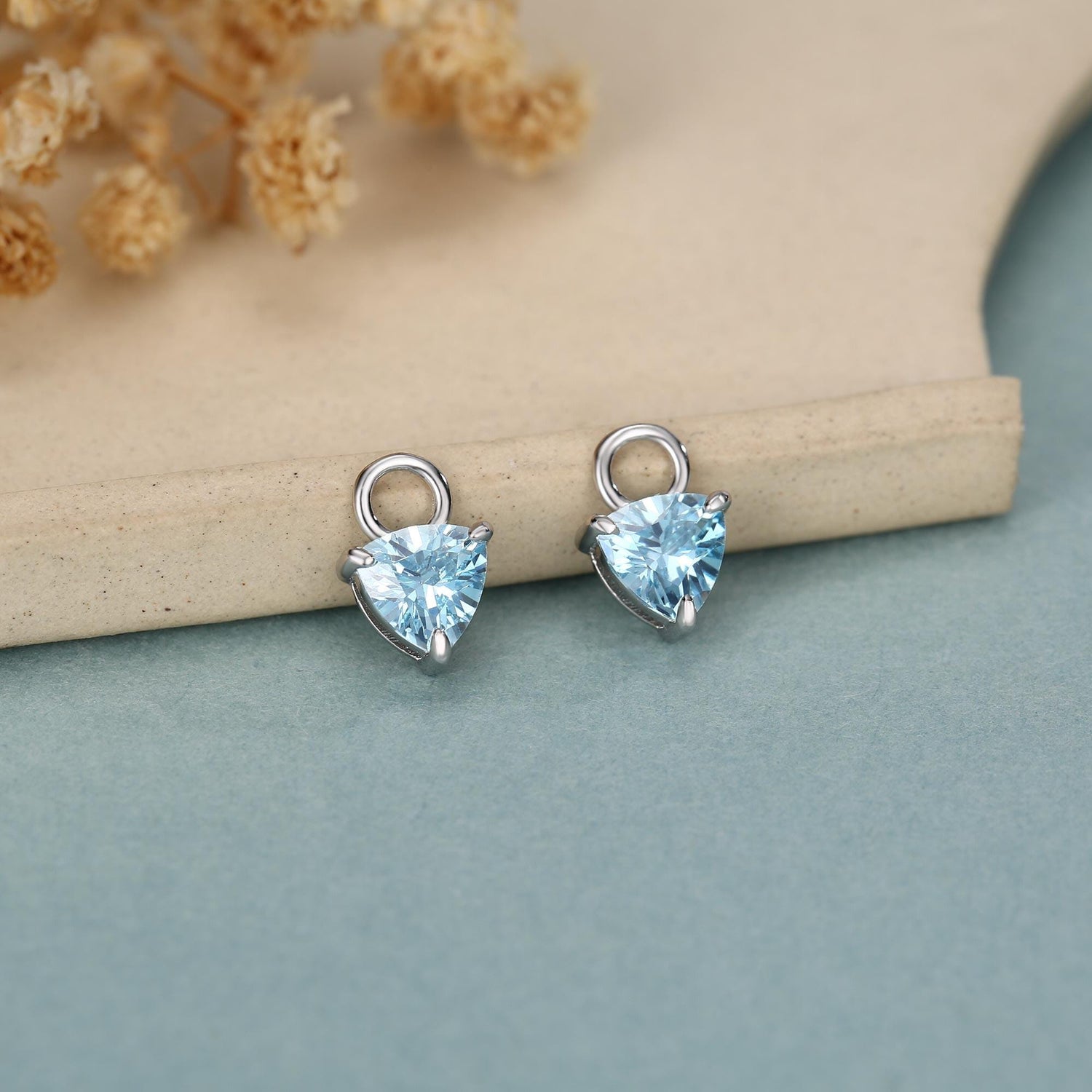 Sterling Silver Aquamarine Blue Trillion Cut CZ Earring Charms
