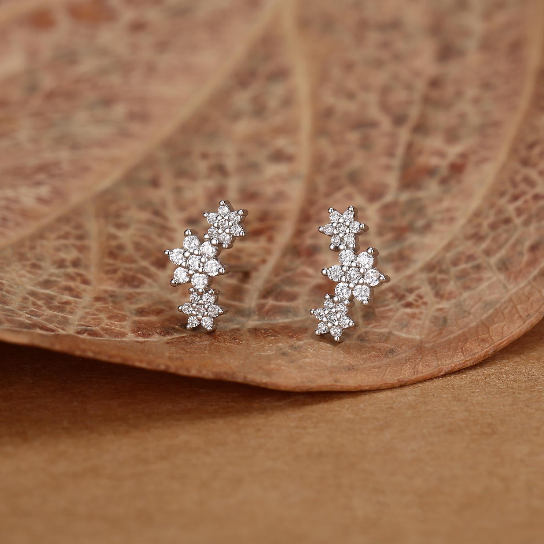 Sterling Silver CZ Snowflake Flower 16G Flat Back Earrings