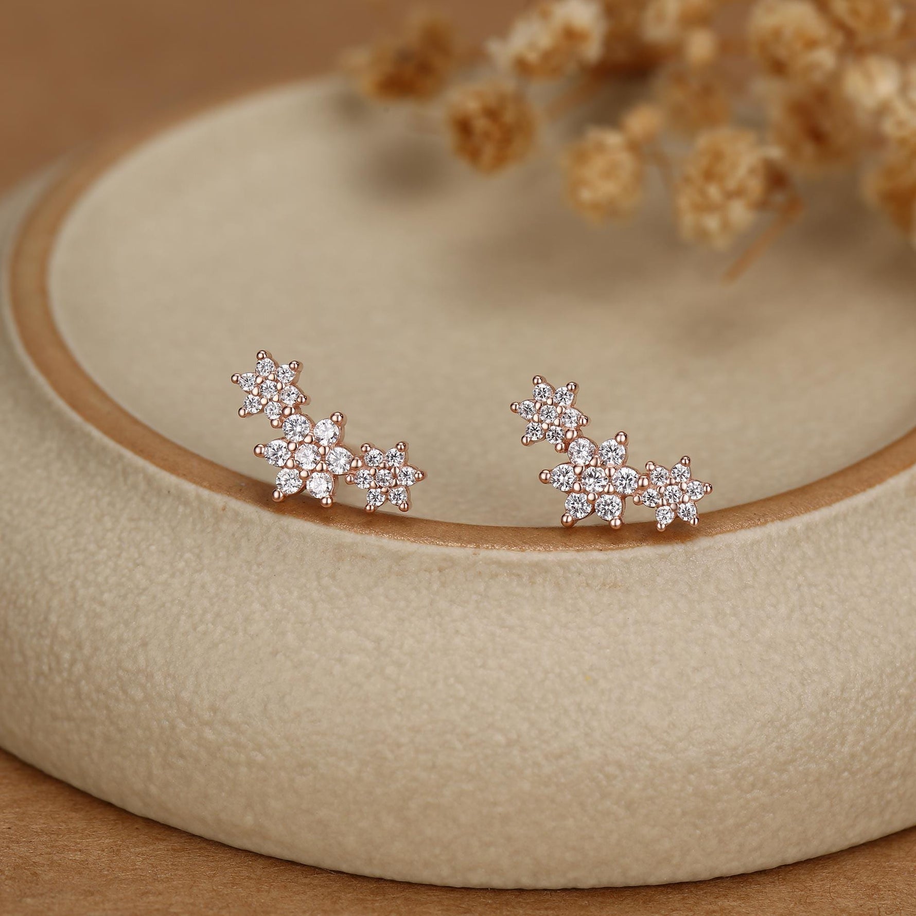 Sterling Silver CZ Snowflake Flower 16G Flat Back Earrings