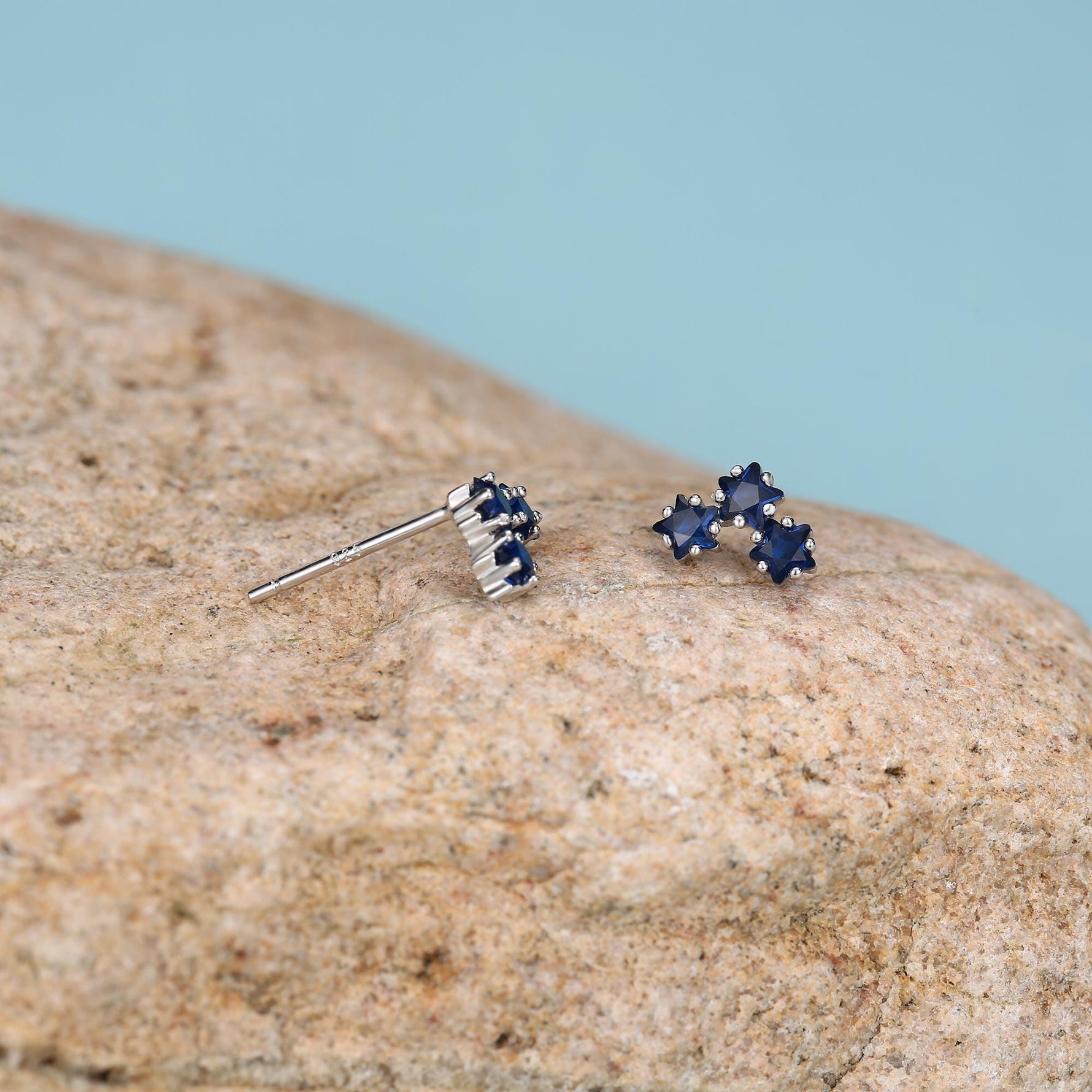 Tiny Star Shape Sappire Blue CZ Trio Stud Earrings in Sterling Silver, Silver, Gold or Rose Gold, Three Star Earrings, Celestial