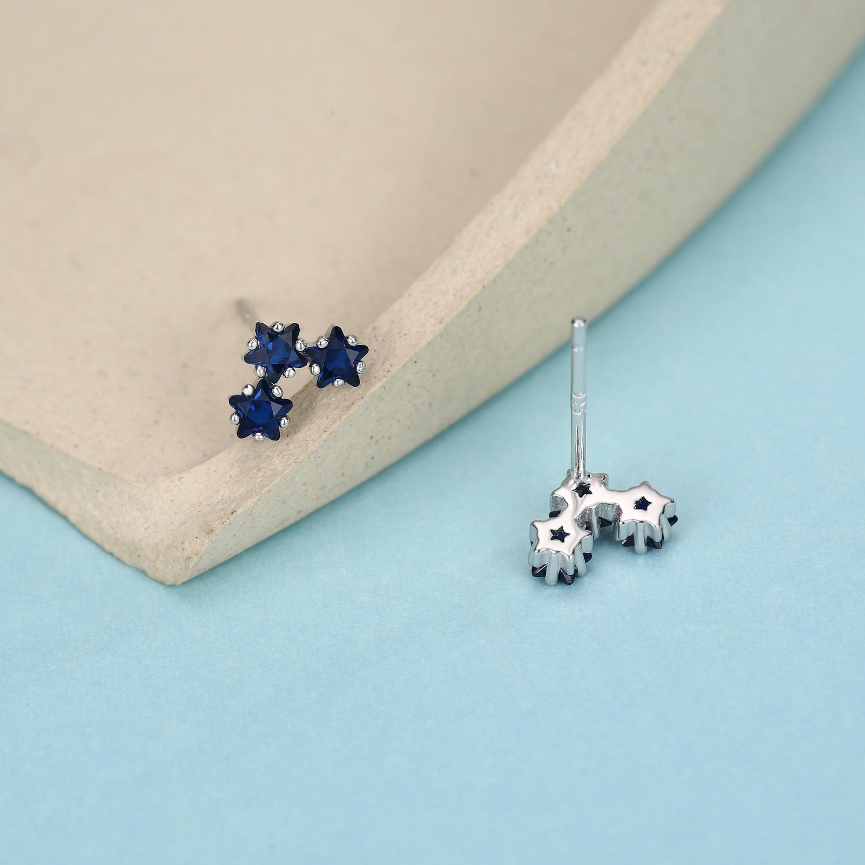 Tiny Star Shape Sappire Blue CZ Trio Stud Earrings in Sterling Silver, Silver, Gold or Rose Gold, Three Star Earrings, Celestial