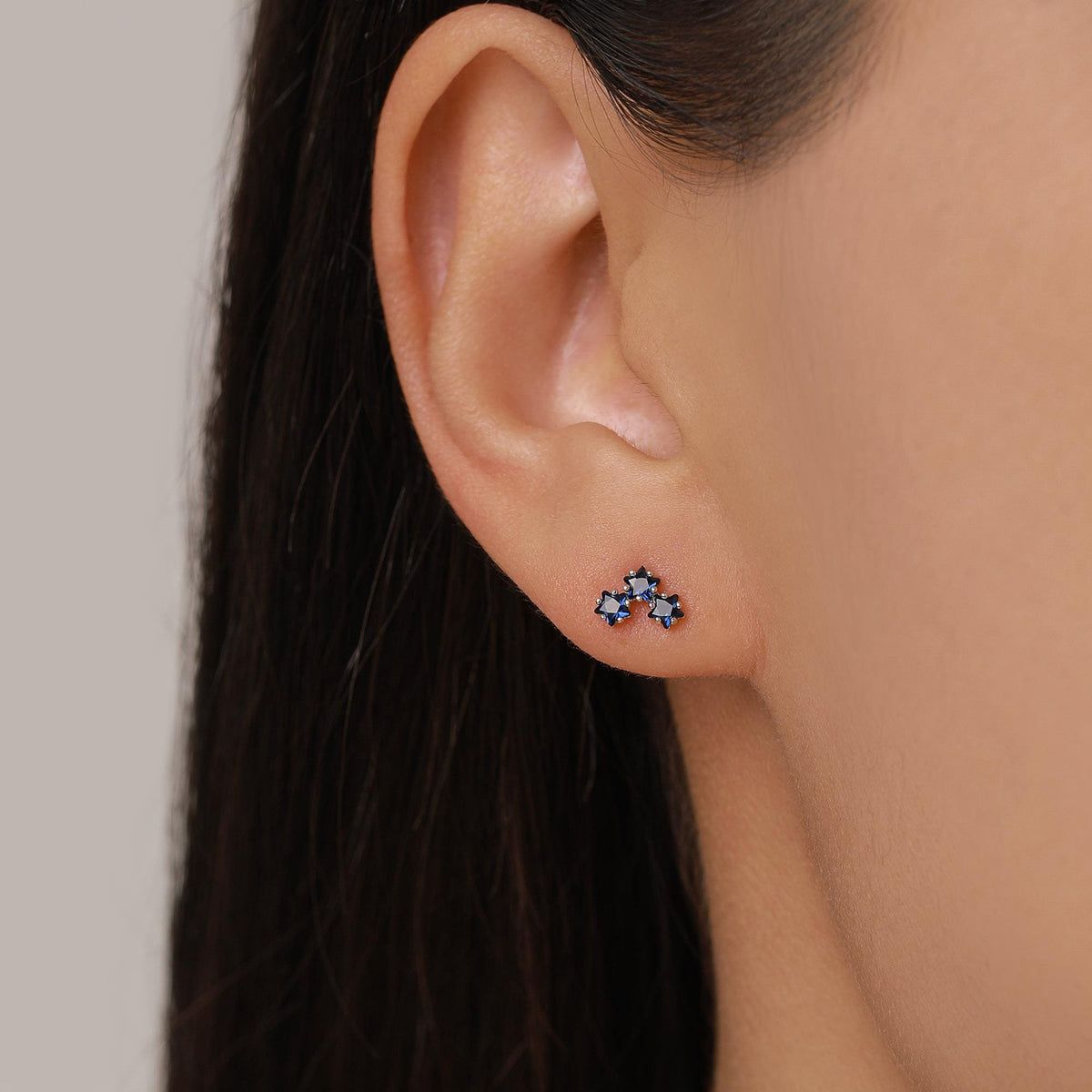 Tiny Star Shape Sappire Blue CZ Trio Stud Earrings in Sterling Silver, Silver, Gold or Rose Gold, Three Star Earrings, Celestial