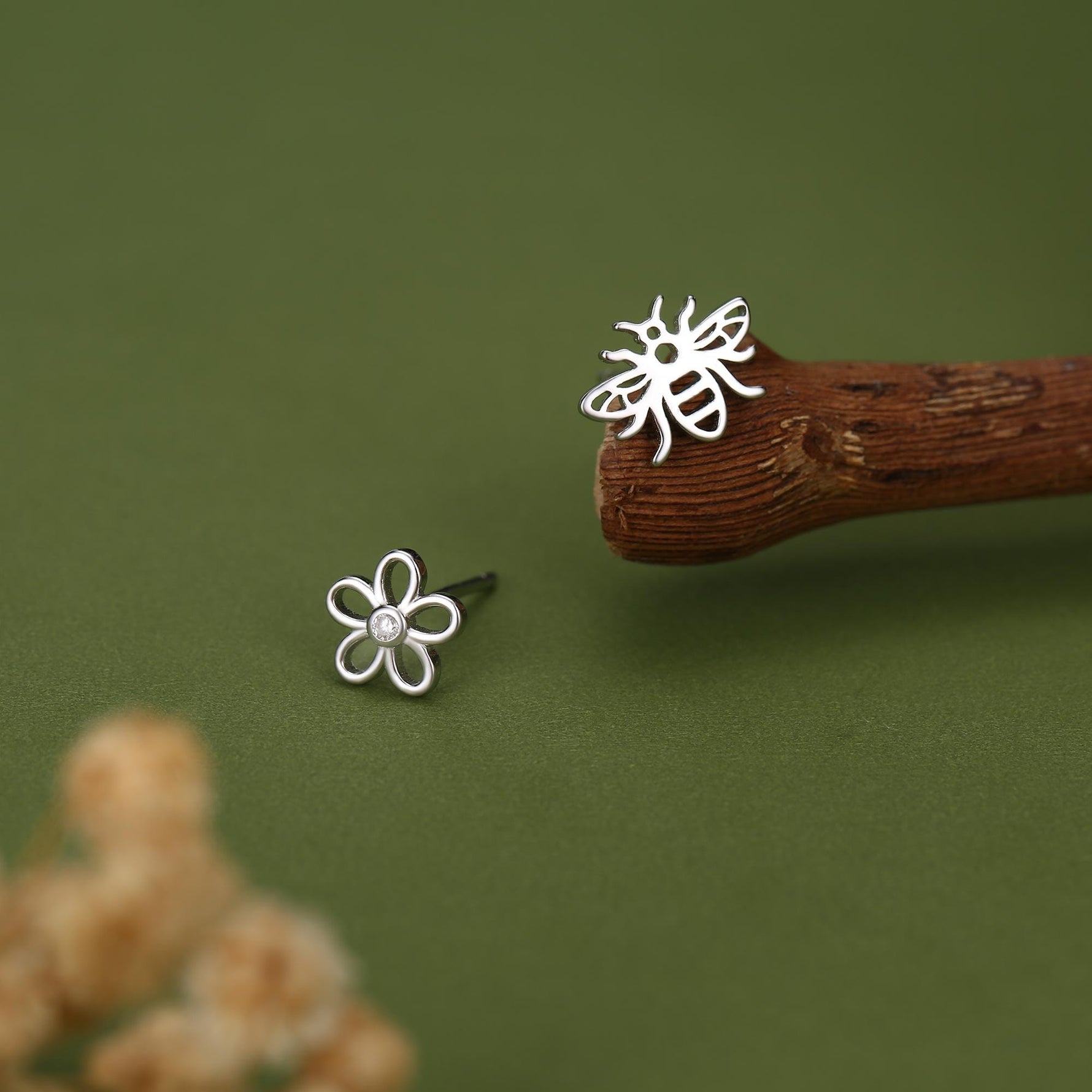 Mismatched Bee and Flower Stud Earrings in Sterling Silver, Asymmetric Bee and Flower Earrings