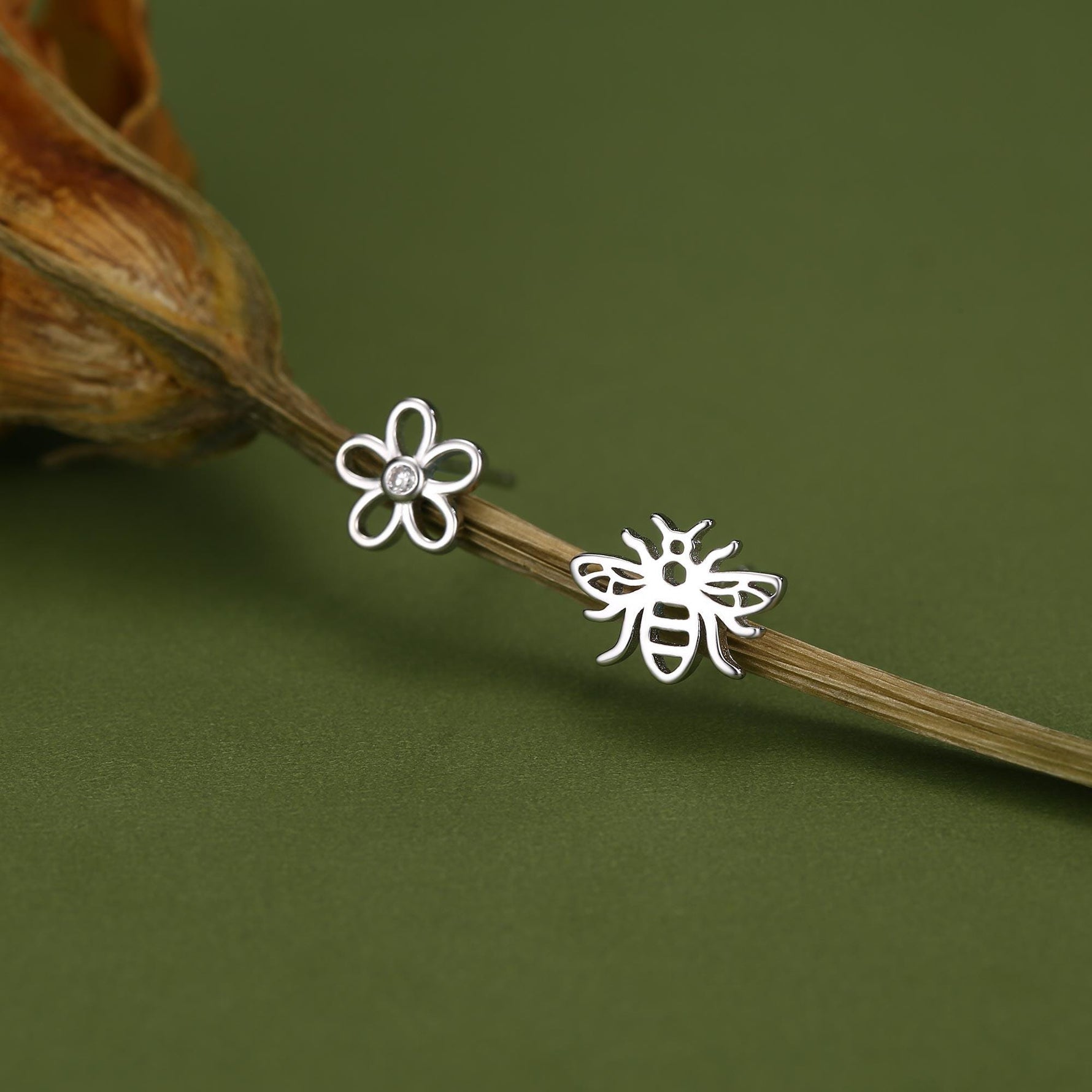 Mismatched Bee and Flower Stud Earrings in Sterling Silver, Asymmetric Bee and Flower Earrings