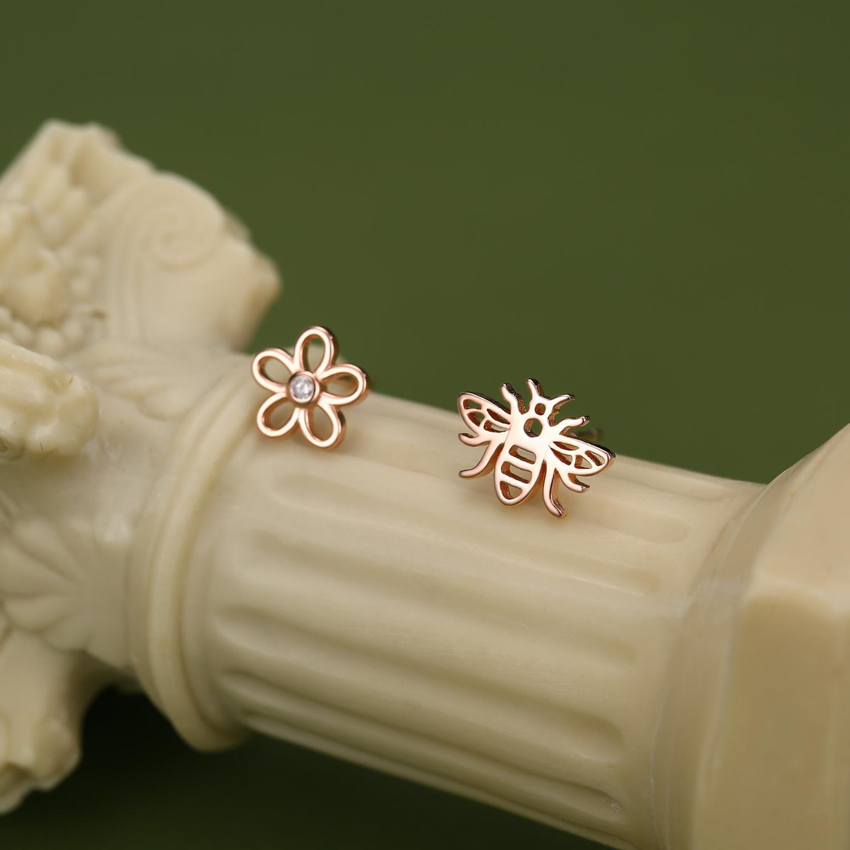 Mismatched Bee and Flower Stud Earrings in Sterling Silver, Asymmetric Bee and Flower Earrings
