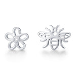 Mismatched Bee and Flower Stud Earrings in Sterling Silver, Asymmetric Bee and Flower Earrings