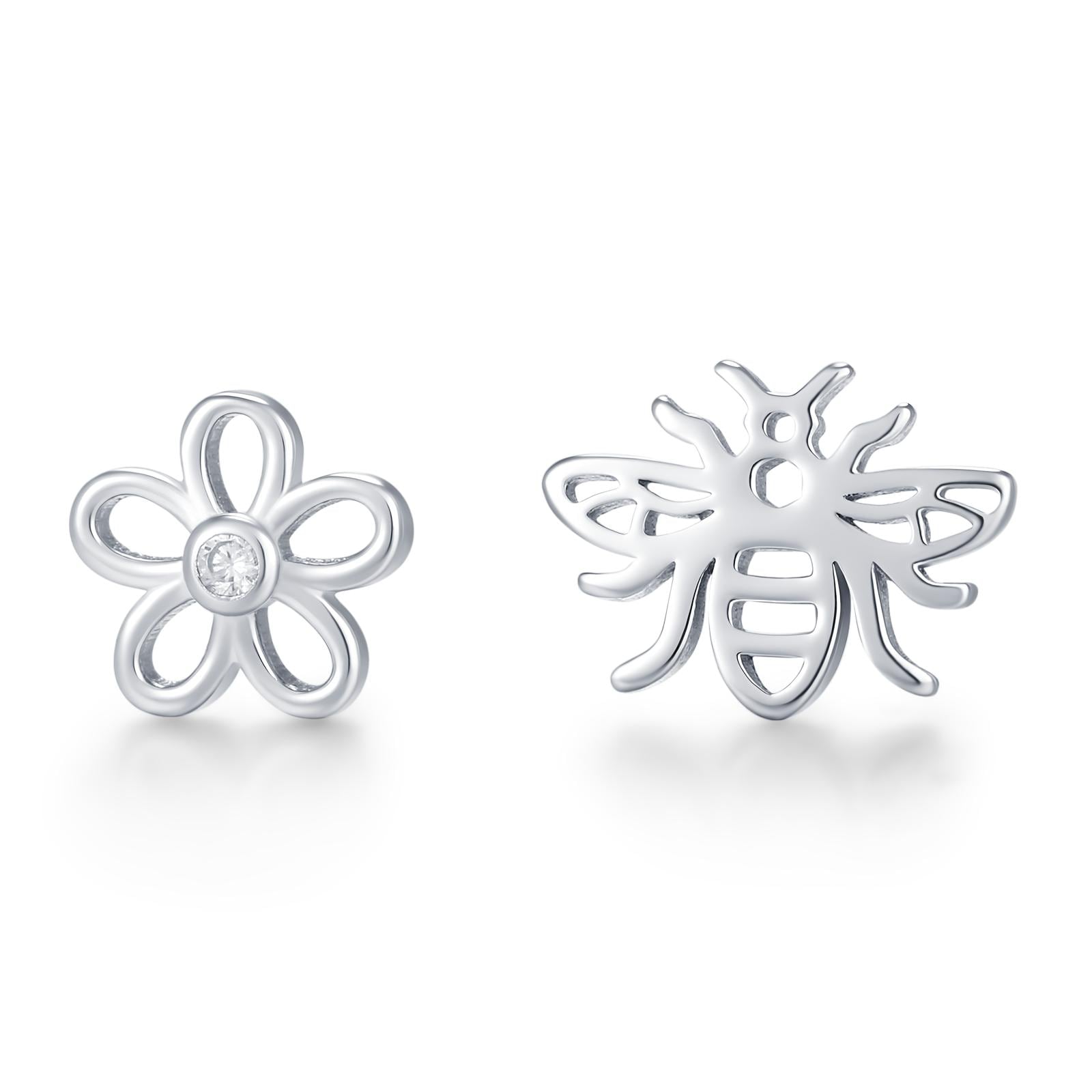 Mismatched Bee and Flower Stud Earrings in Sterling Silver, Asymmetric Bee and Flower Earrings