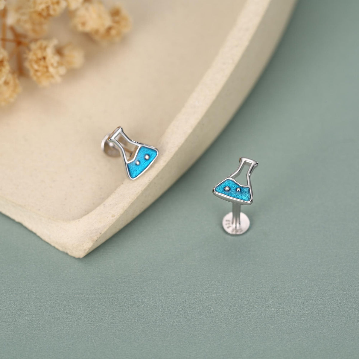 Sterling Silver Chemistry Flask 16G Flat Back Earrings