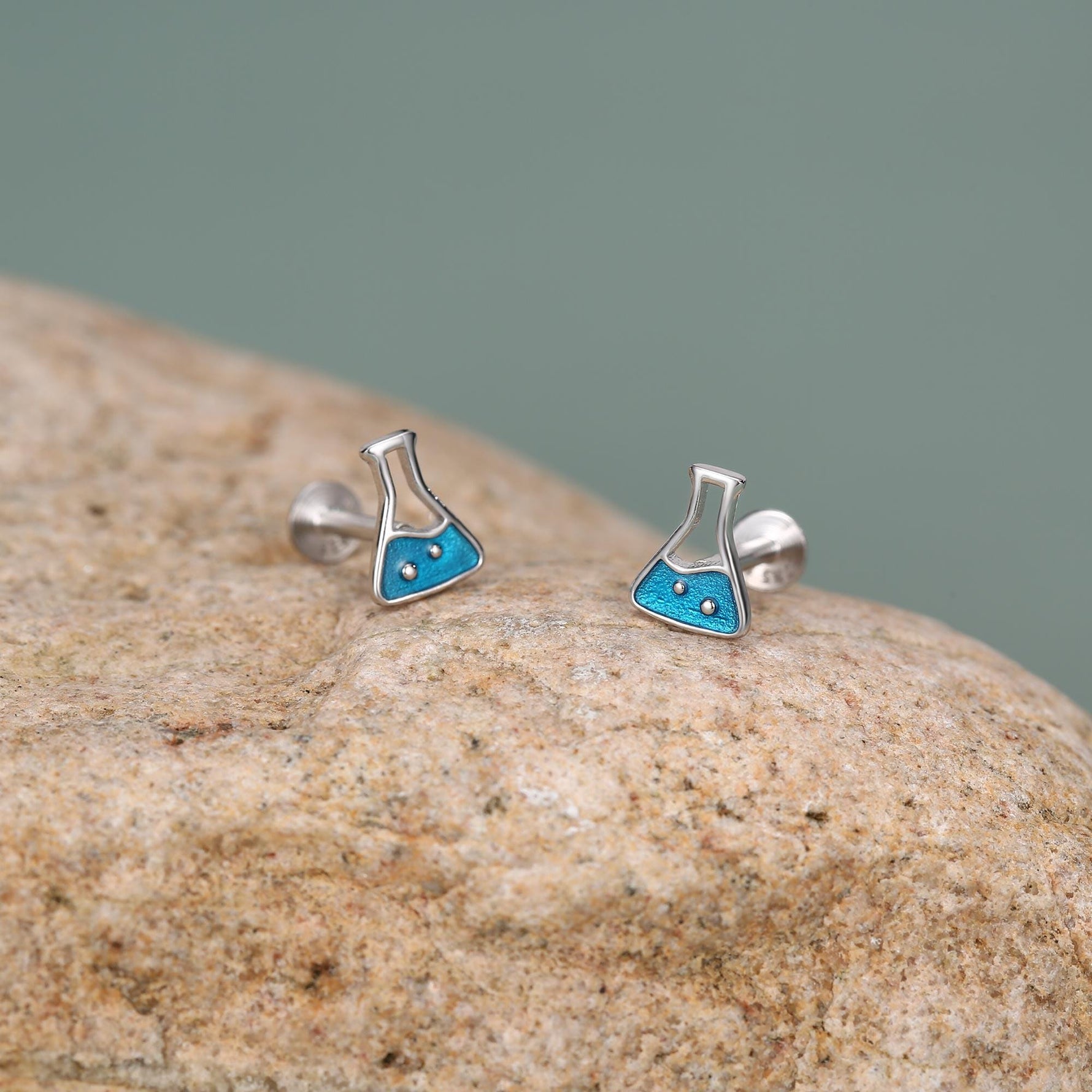 Sterling Silver Chemistry Flask 16G Flat Back Earrings