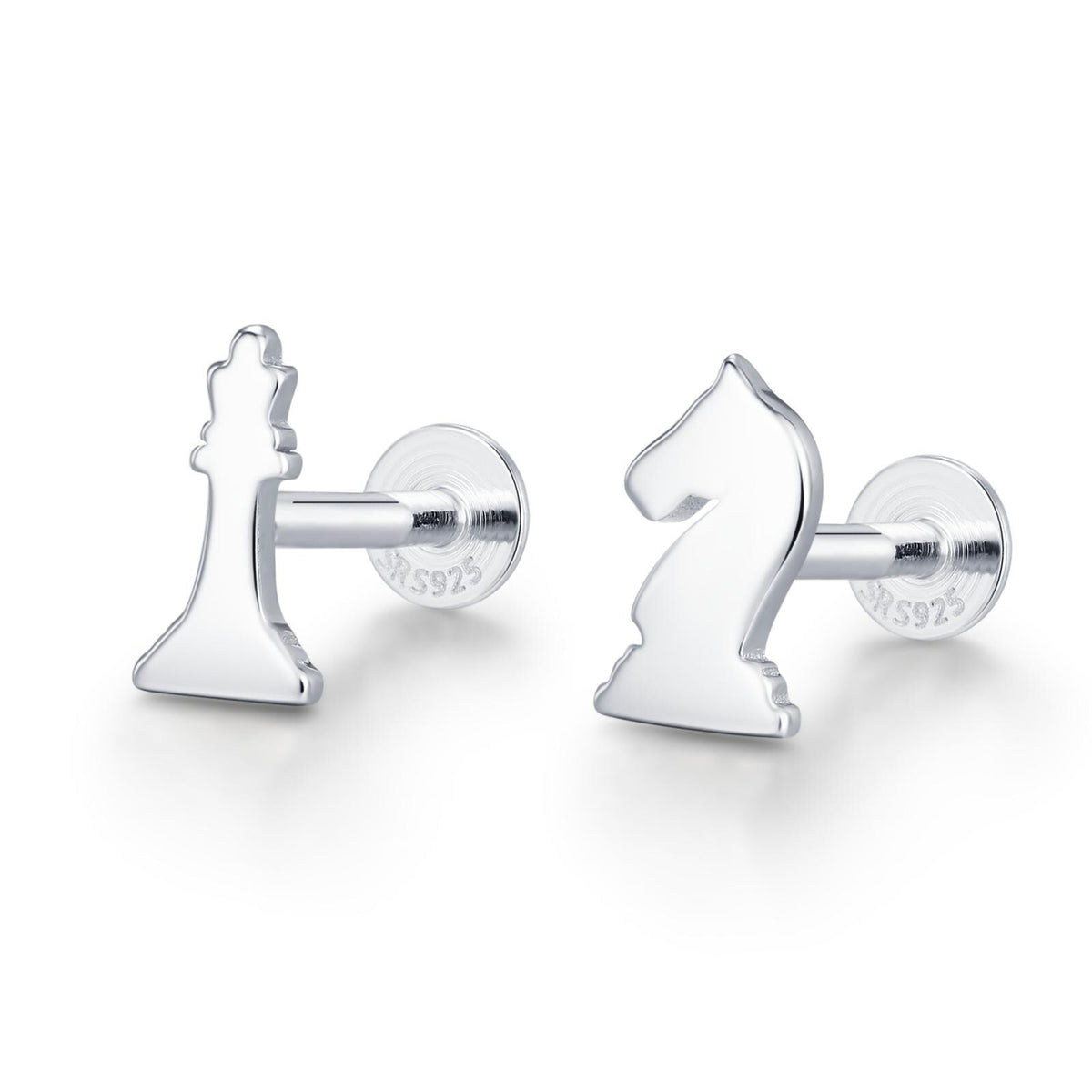 Sterling Silver Chess Knight and Queen 16G Flat Back Earrings