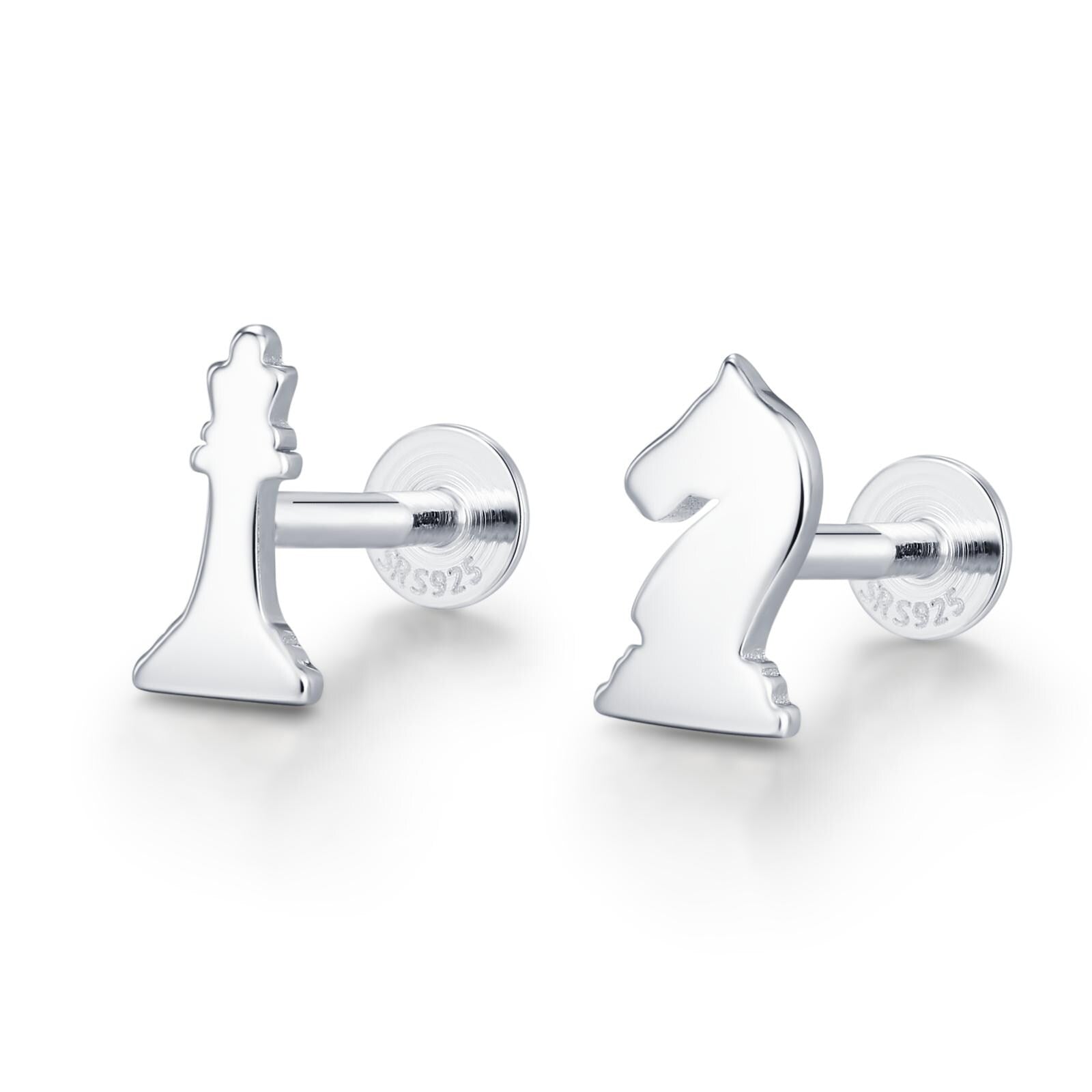 Sterling Silver Chess Knight and Queen 16G Flat Back Earrings