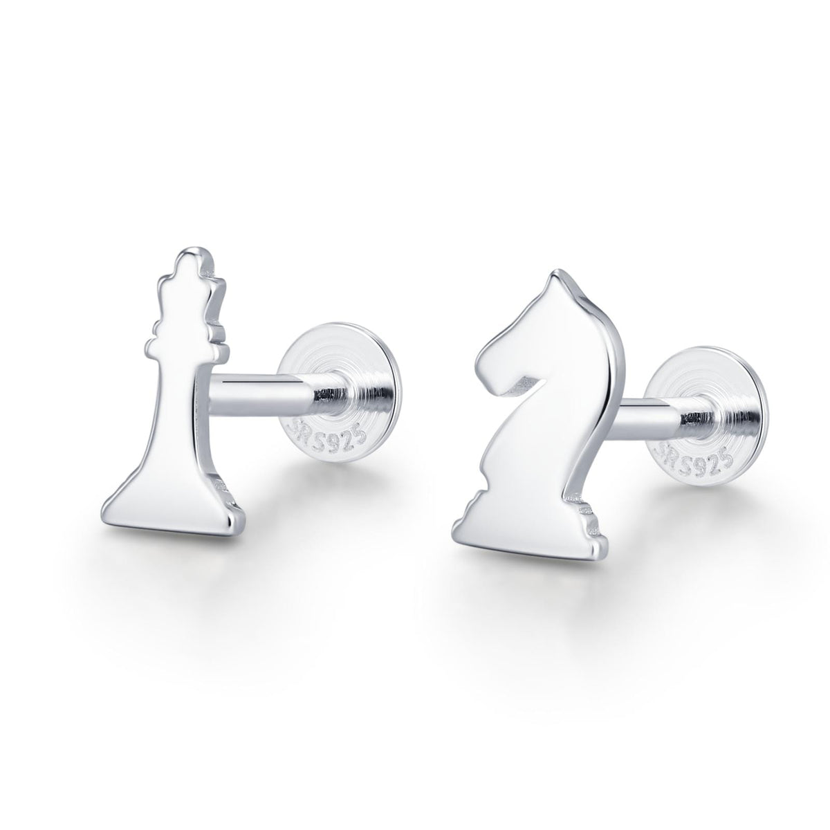 Sterling Silver Chess Knight and Queen 16G Flat Back Earrings