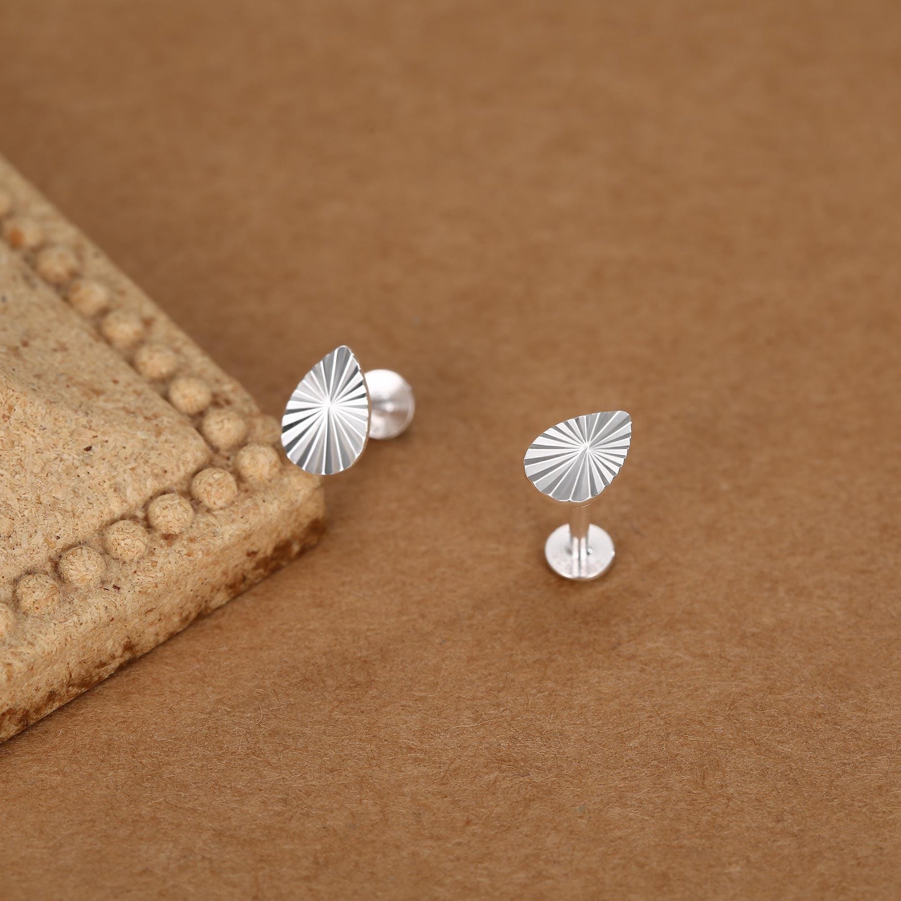 Sterling Silver Sunburst Teardrop 16G Flat Back Earrings