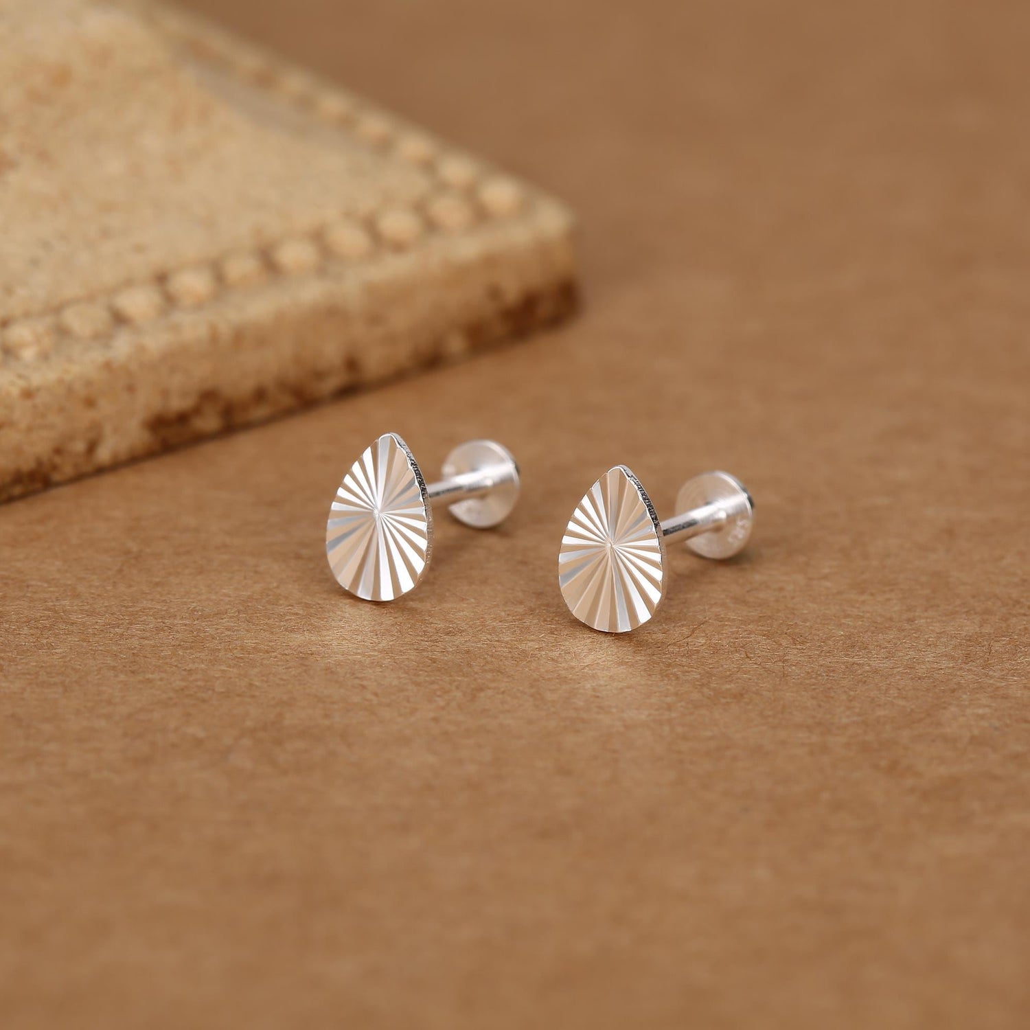 Sterling Silver Sunburst Teardrop 16G Flat Back Earrings