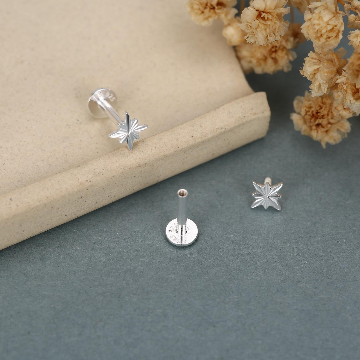 Sterling Silver Sunburst Star 16G Flat Back Earrings