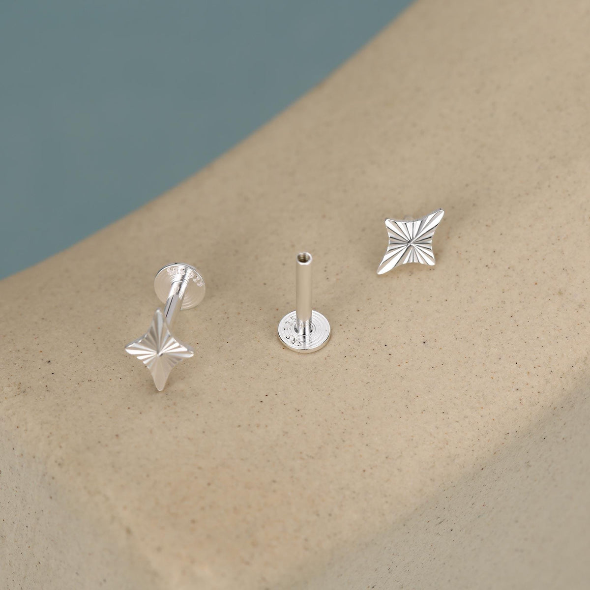Sterling Silver Sunburst Rhombus Kite Star 16G Flat Back Earrings