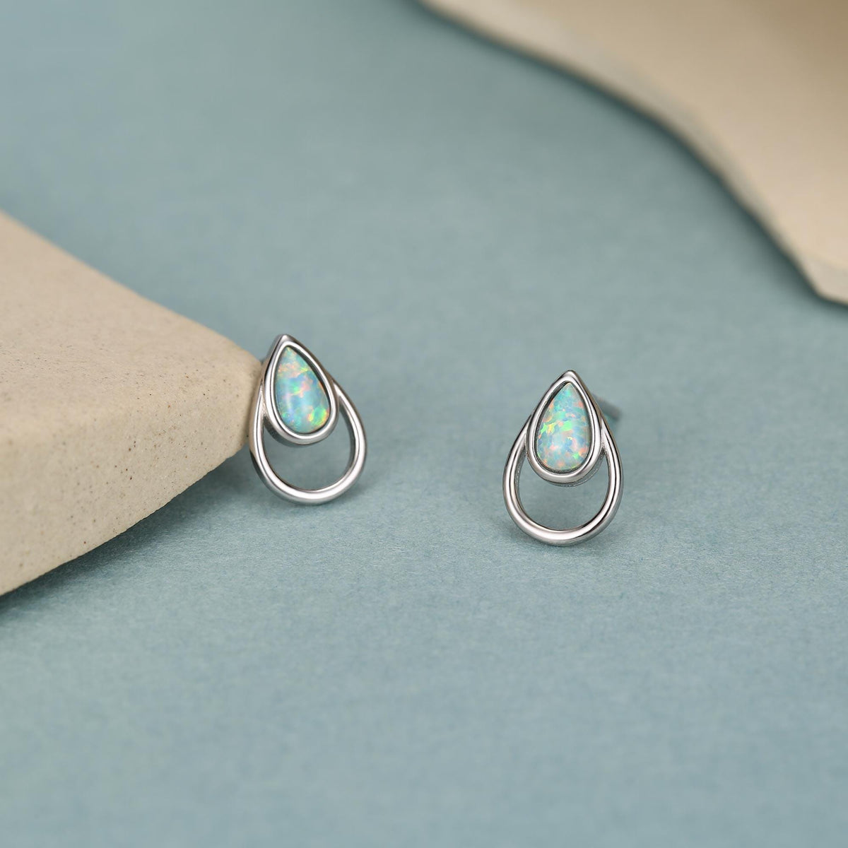 Aqua Green Opal Droplet Stud Earrings in Sterling Silver, Silver or Gold, Lab Opal Earrings, Double Droplet Stud, Pear Opal