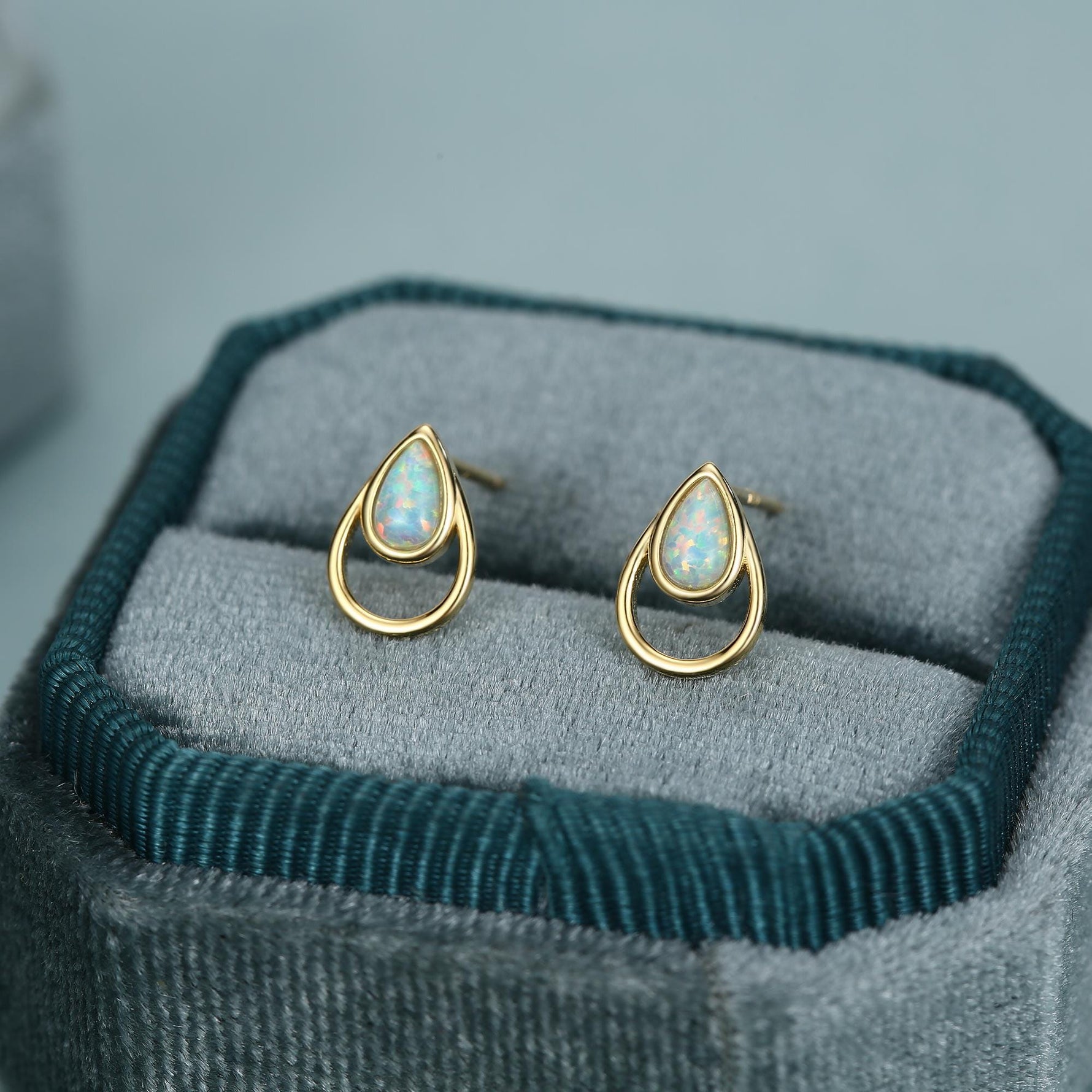 Aqua Green Opal Droplet Stud Earrings in Sterling Silver, Silver or Gold, Lab Opal Earrings, Double Droplet Stud, Pear Opal