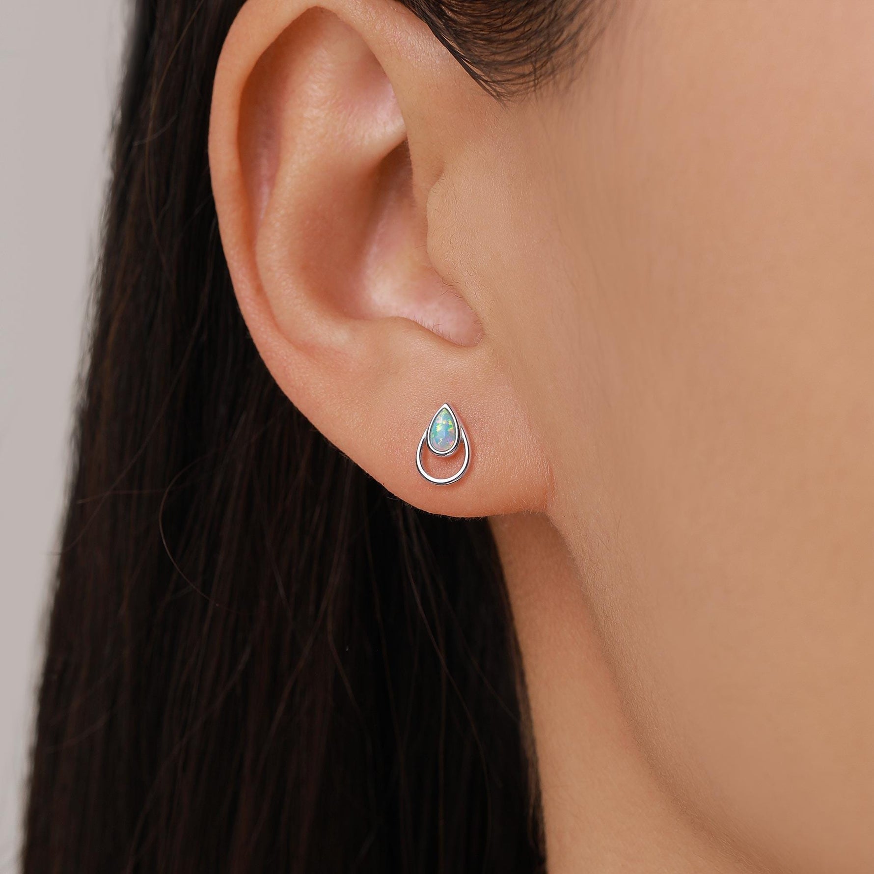 Aqua Green Opal Droplet Stud Earrings in Sterling Silver, Silver or Gold, Lab Opal Earrings, Double Droplet Stud, Pear Opal