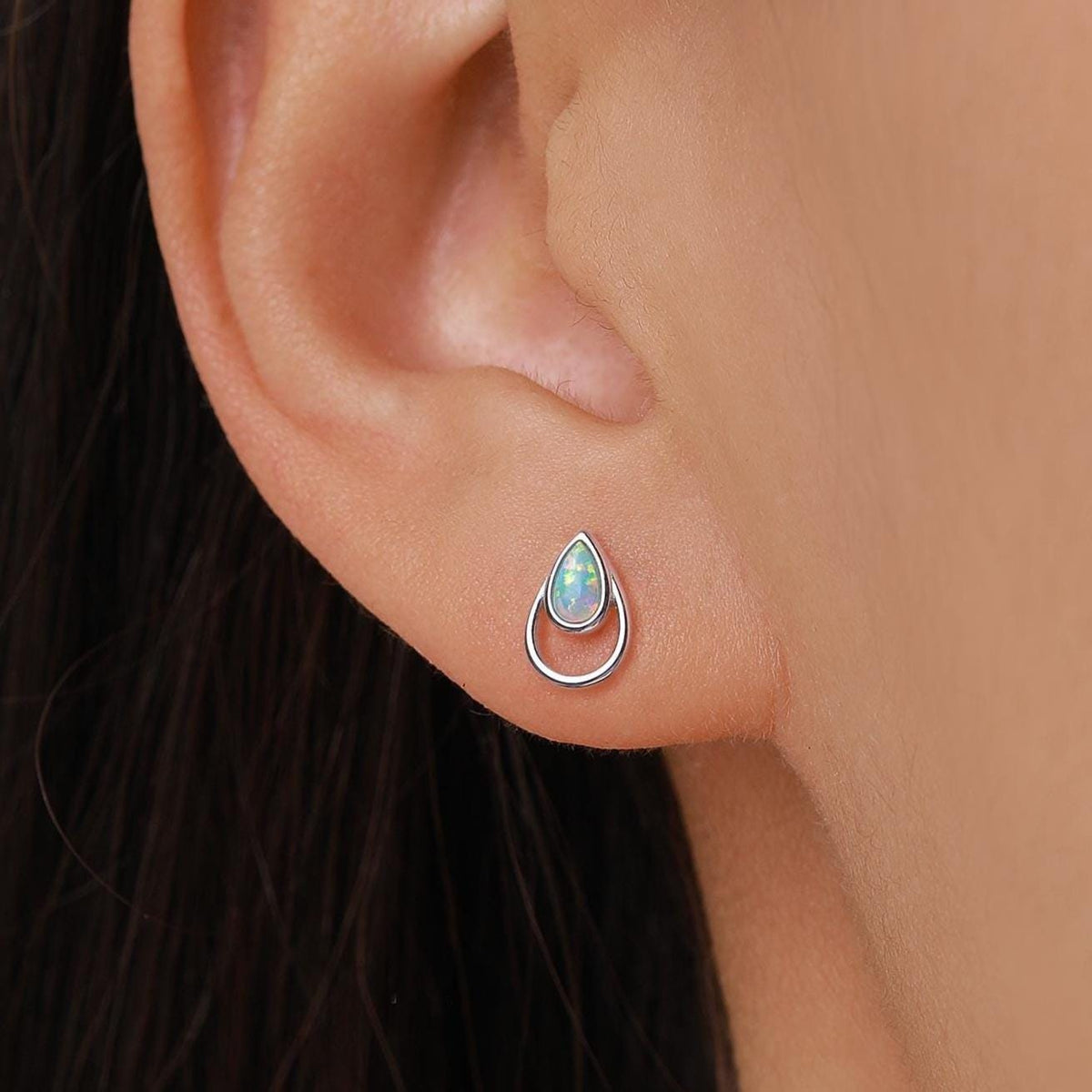 Aqua Green Opal Droplet Stud Earrings in Sterling Silver, Silver or Gold, Lab Opal Earrings, Double Droplet Stud, Pear Opal