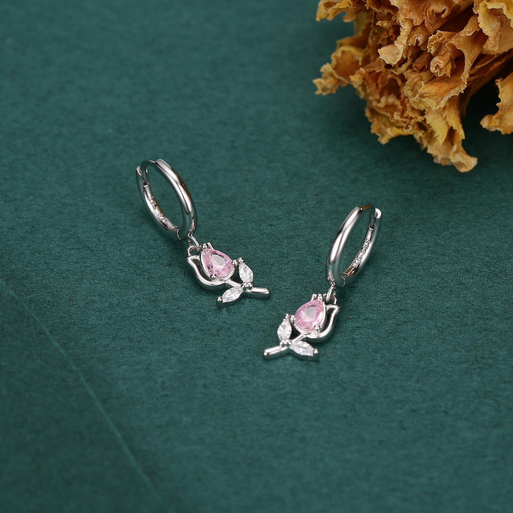 Tulip Flower Huggie Hoop Earrings in Sterling Silver, Silver or Gold, Delicate Tulip Flower Hoops,