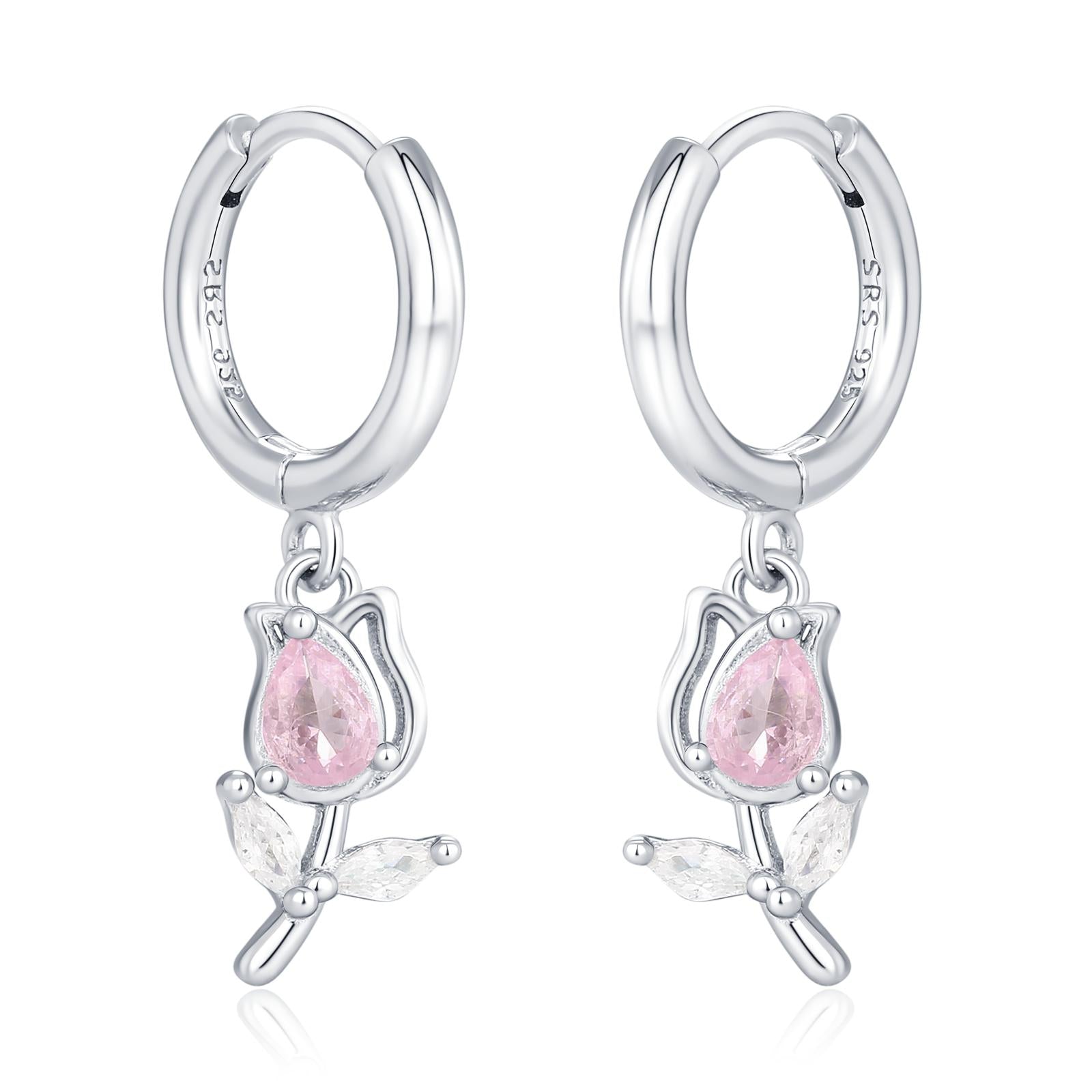 Tulip Flower Huggie Hoop Earrings in Sterling Silver, Silver or Gold, Delicate Tulip Flower Hoops,