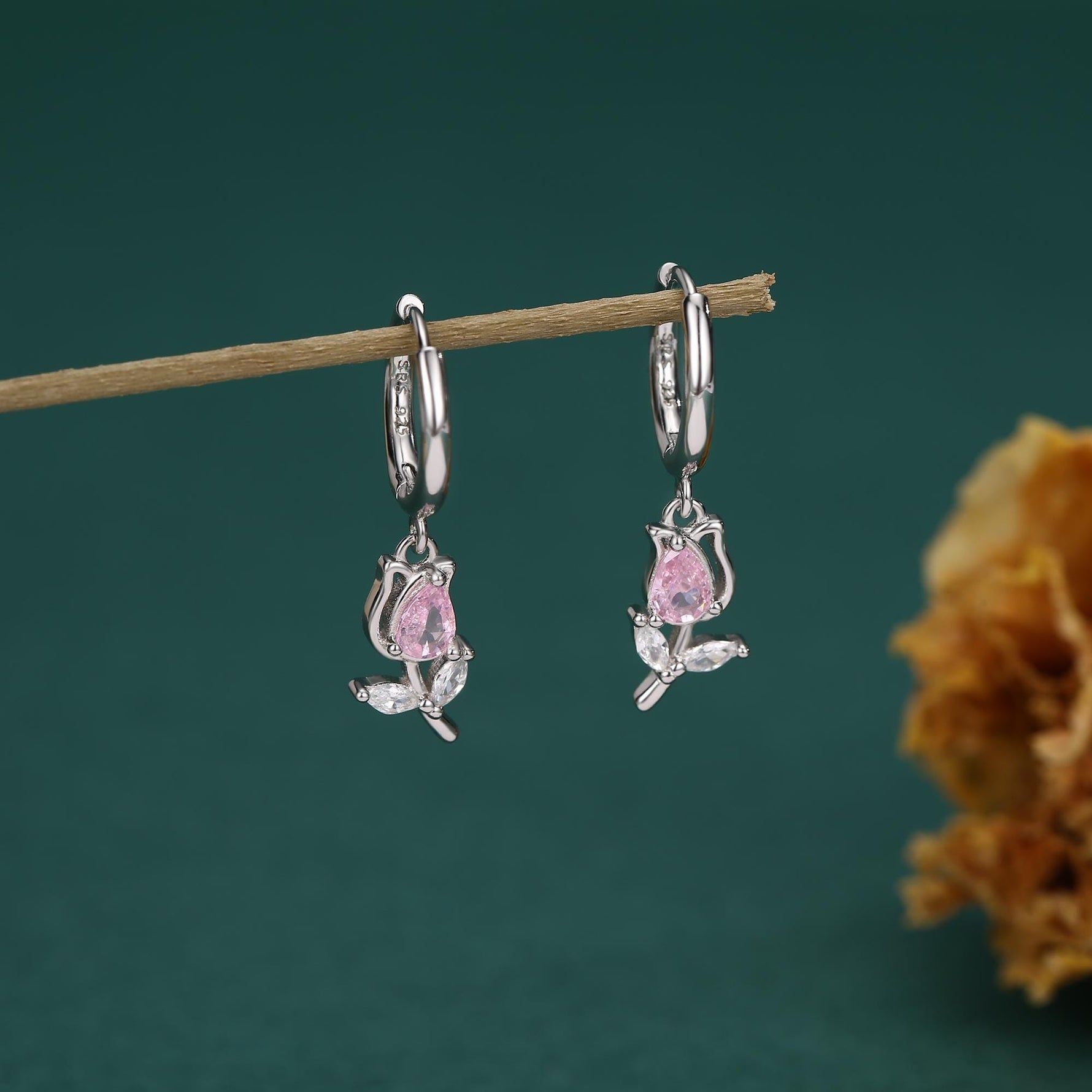 Tulip Flower Huggie Hoop Earrings in Sterling Silver, Silver or Gold, Delicate Tulip Flower Hoops,