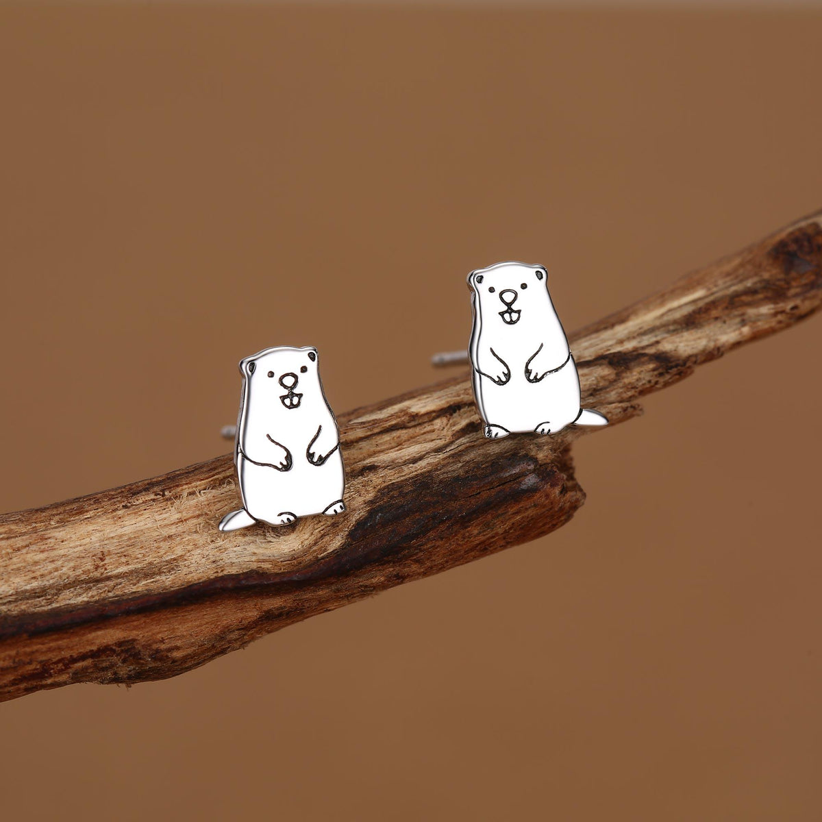 Groundhog Sterling Silver Stud Earrings, Silver or Gold or Rose Gold Finish, Small Beaver Dog Earrings, Nature Inspired Animal Earrings