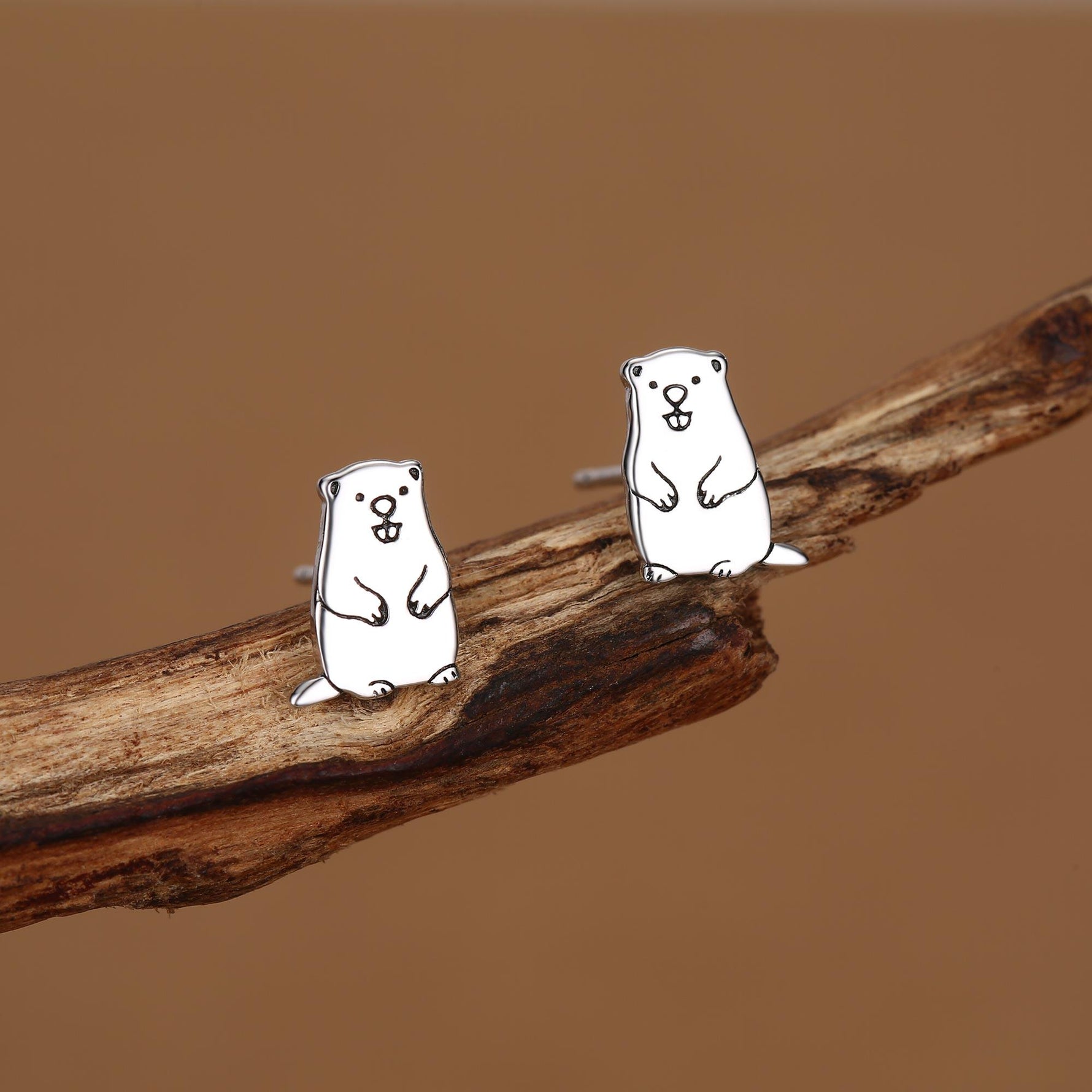 Groundhog Sterling Silver Stud Earrings, Silver or Gold or Rose Gold Finish, Small Beaver Dog Earrings, Nature Inspired Animal Earrings
